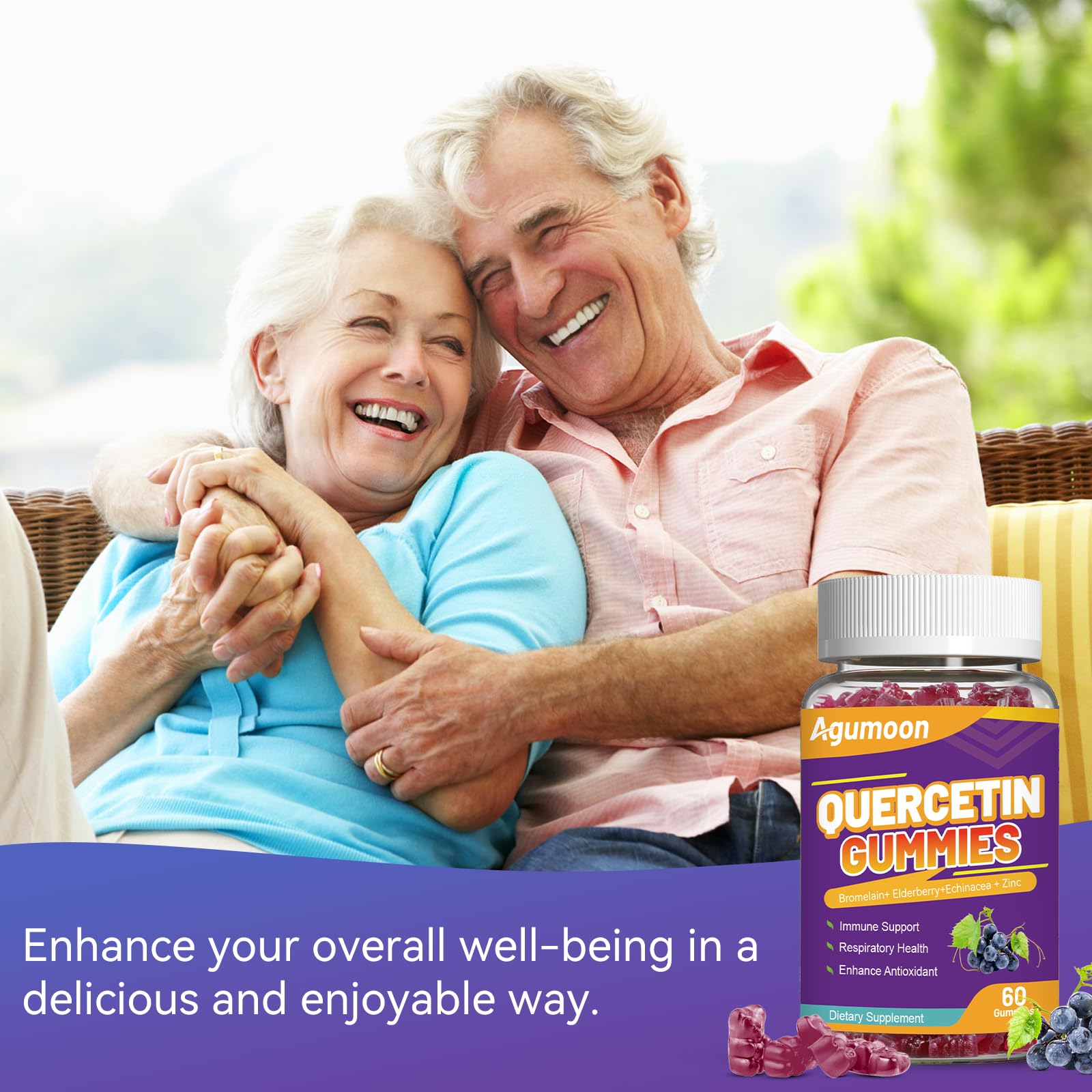 Agumoon quercetin gummies vegan formula label, non-GMO and gelatin-free.
