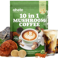 Ahete 10-in-1 Mushroom Coffee packaging highlights premium blend for daily energy.