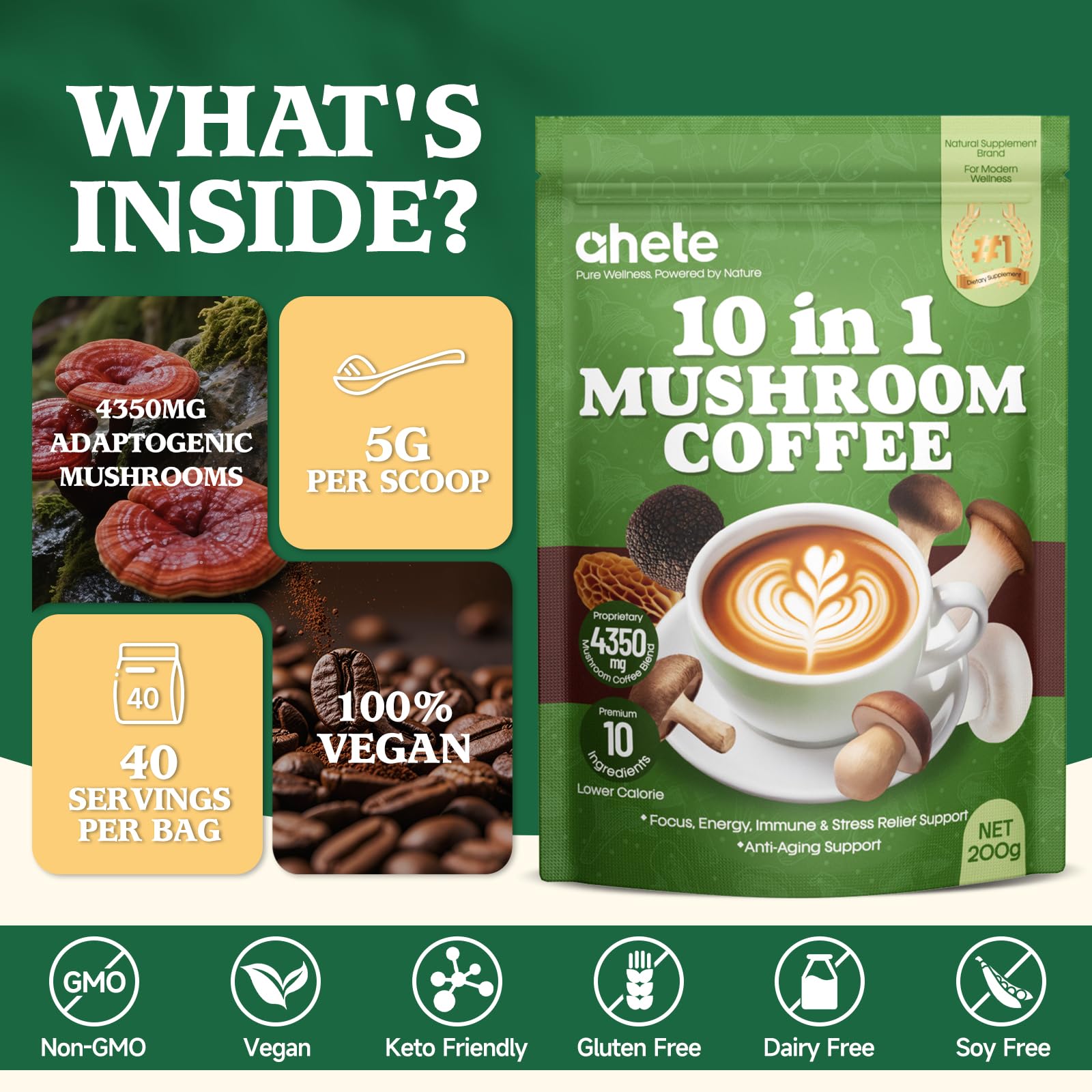Ahete 10-in-1 Mushroom Coffee mix dissolves easily in smoothies for a convenient upgrade.