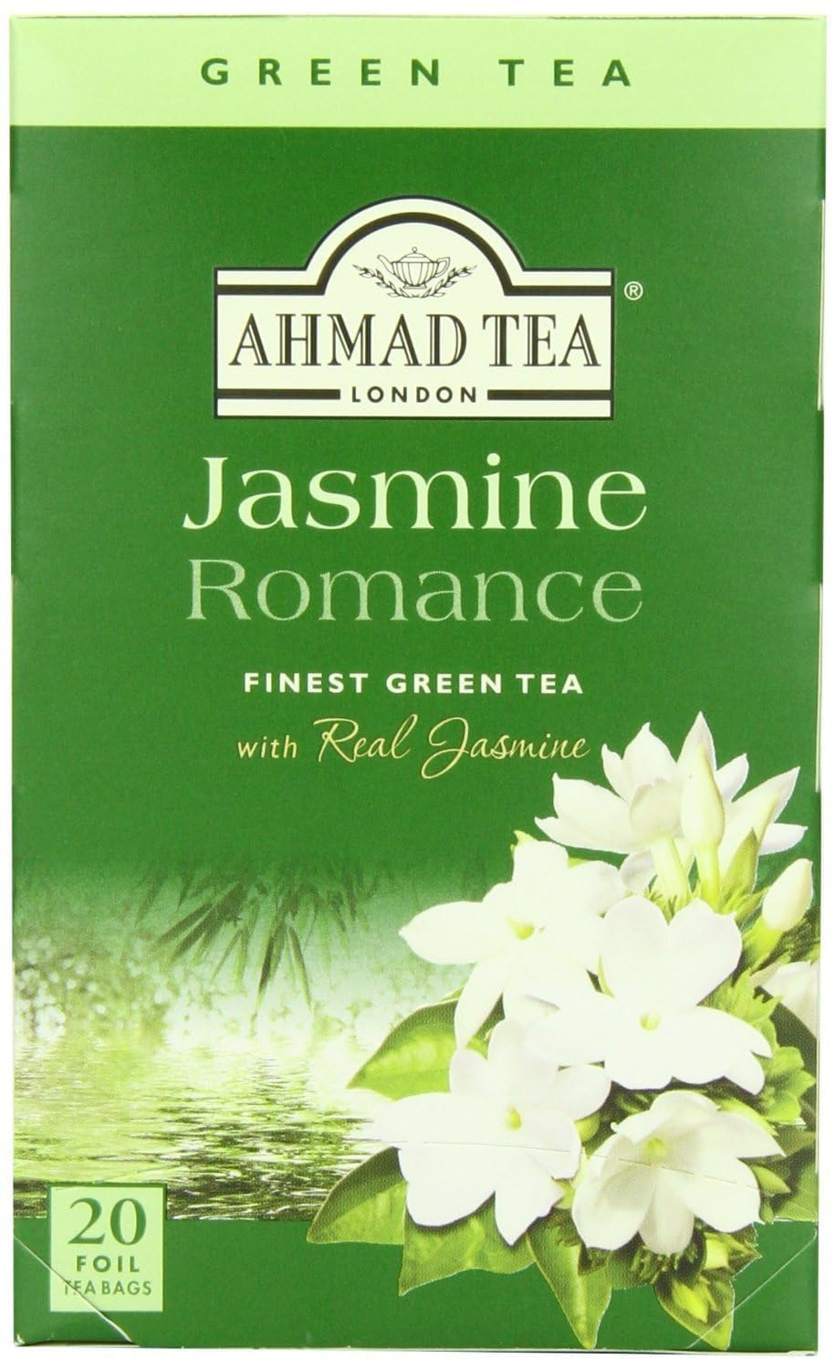 Ahm ad Tea Jasmine Romance Green Tea box, showcasing jasmine aroma; ideal for a calming afternoon ritual.