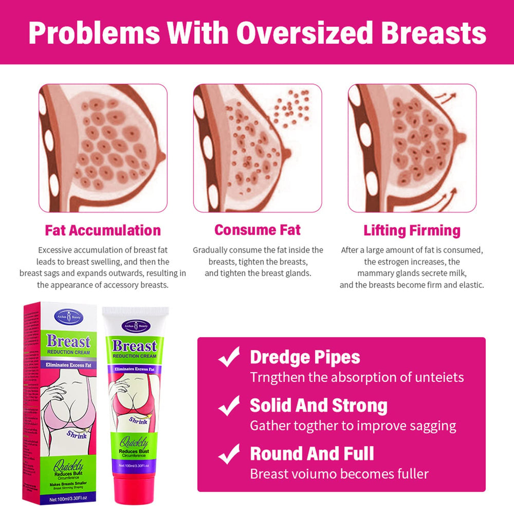 AICHUN BEAUTY breast reduction cream bottle back shows ingredients and usage notes.