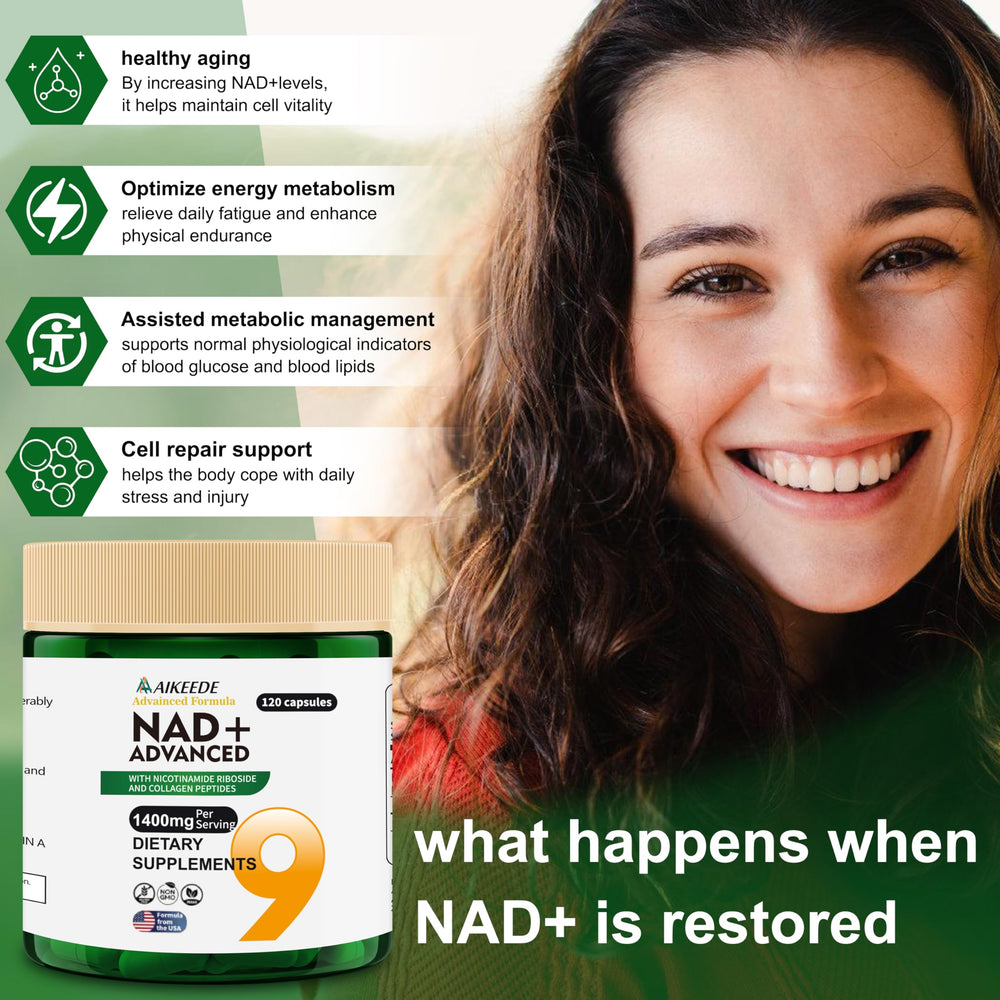 AIKEEDE NAD bottle scene emphasizing daily supplementation