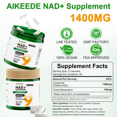 AIKEEDE NAD label front showing NAD+ and Resveratrol details for energy and longevity