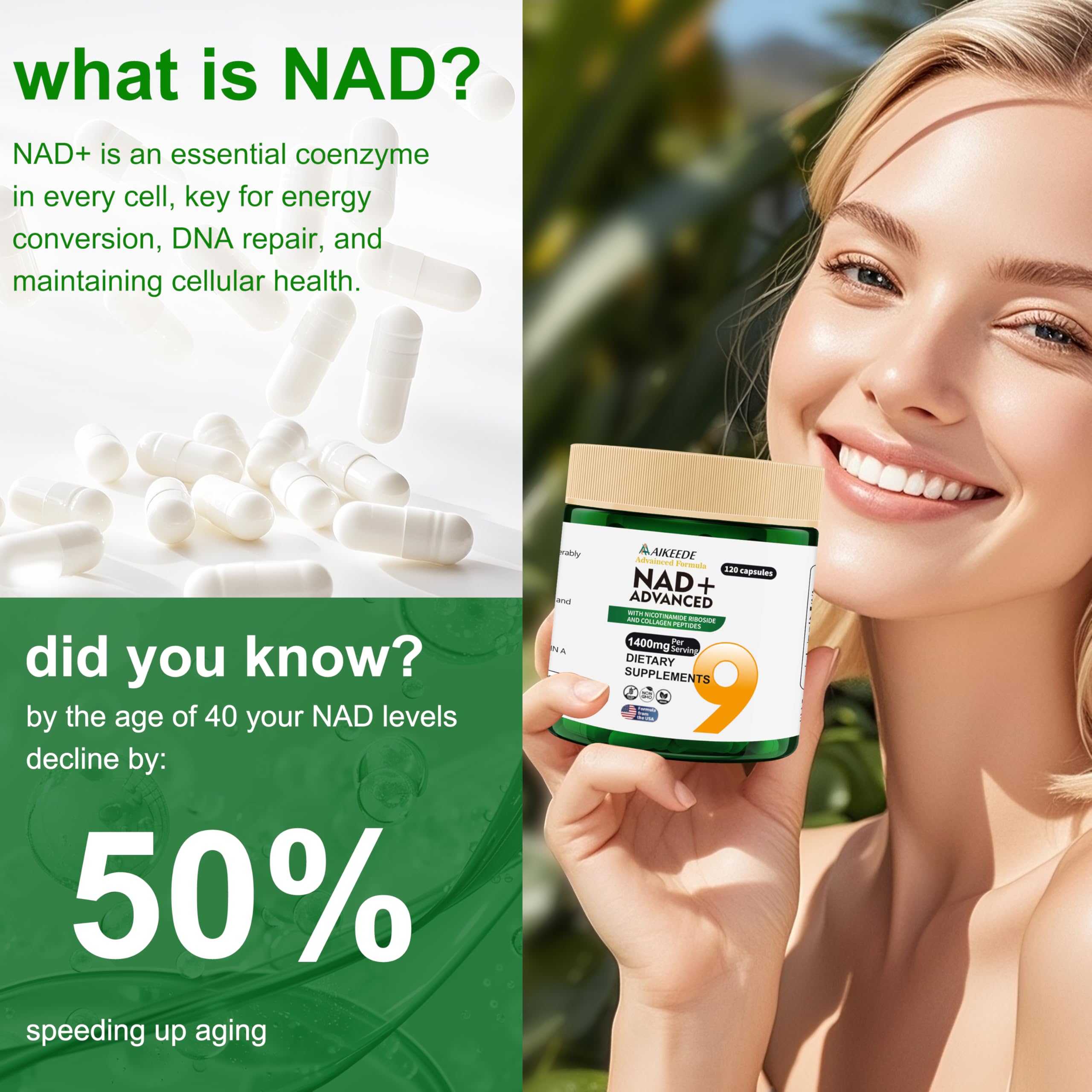 AIKEEDE NAD capsules closeup highlighting easy daily dosing