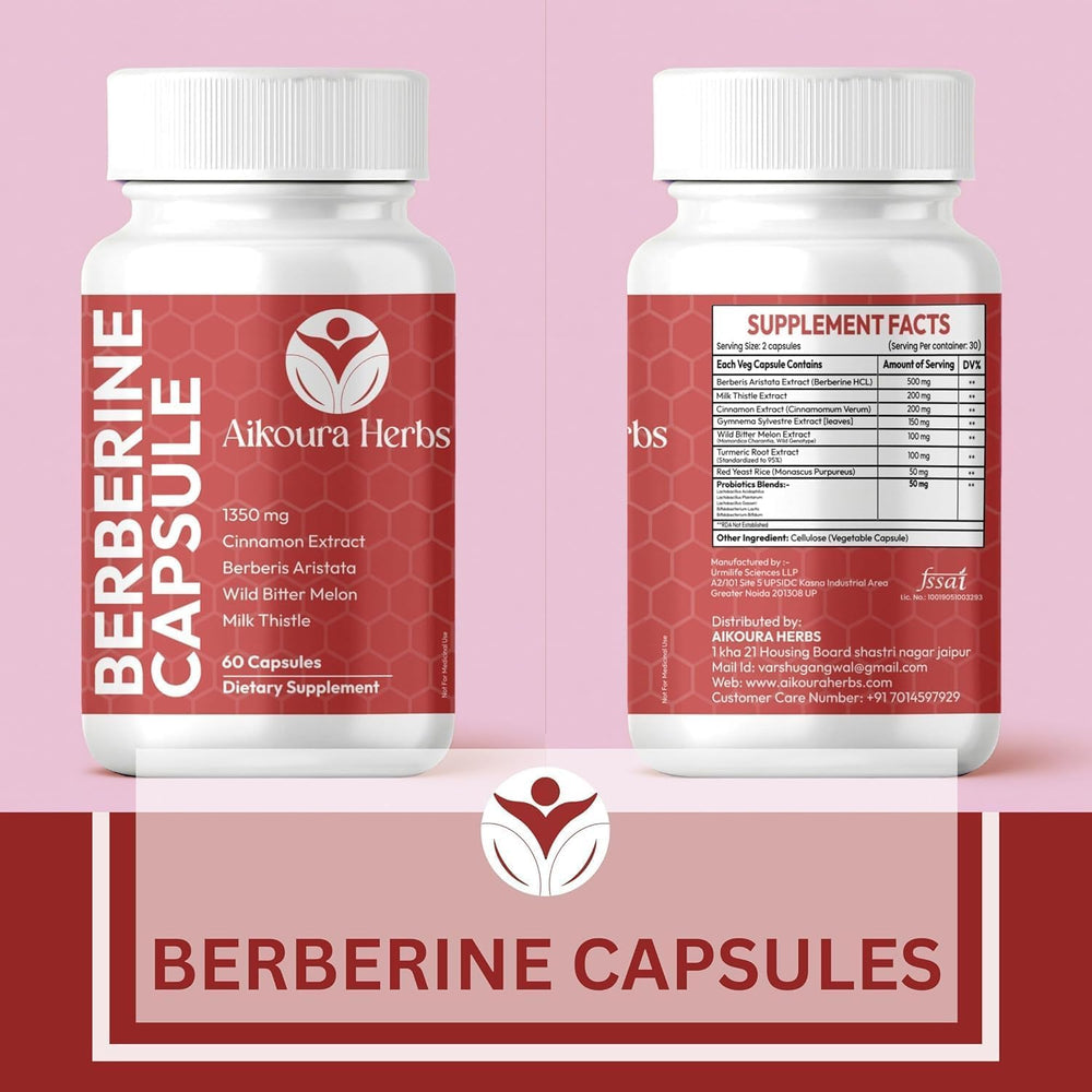 AIKOURA HERBS Berberine capsules bottle back lists ingredients and usage for balance.