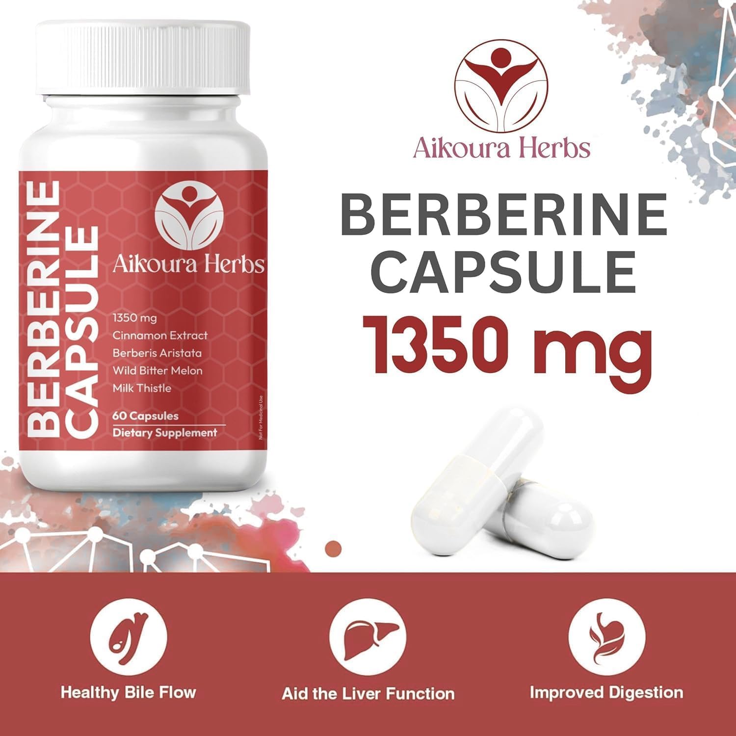 Close-up of AIKOURA HERBS Berberine capsules highlights a clean, plant-based formula.