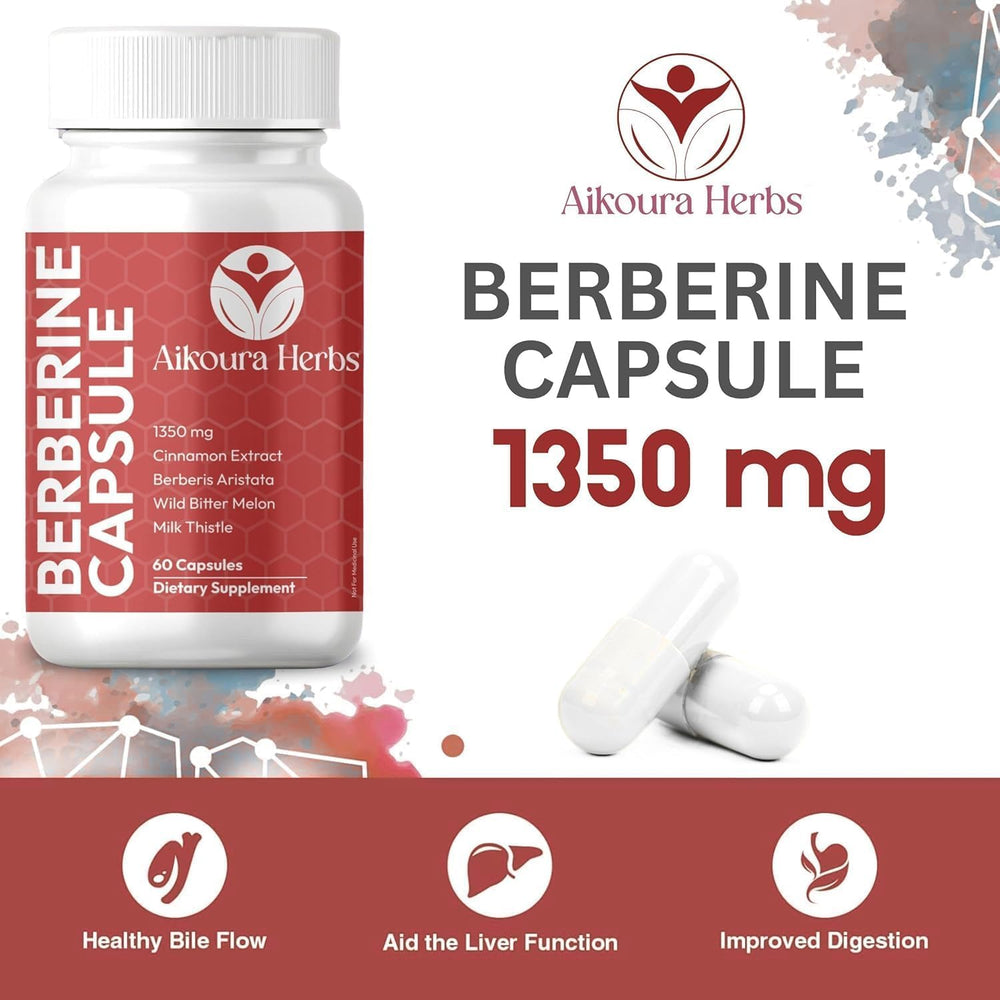Close-up of AIKOURA HERBS Berberine capsules highlights a clean, plant-based formula.