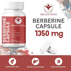Close-up of AIKOURA HERBS Berberine capsules highlights a clean, plant-based formula.
