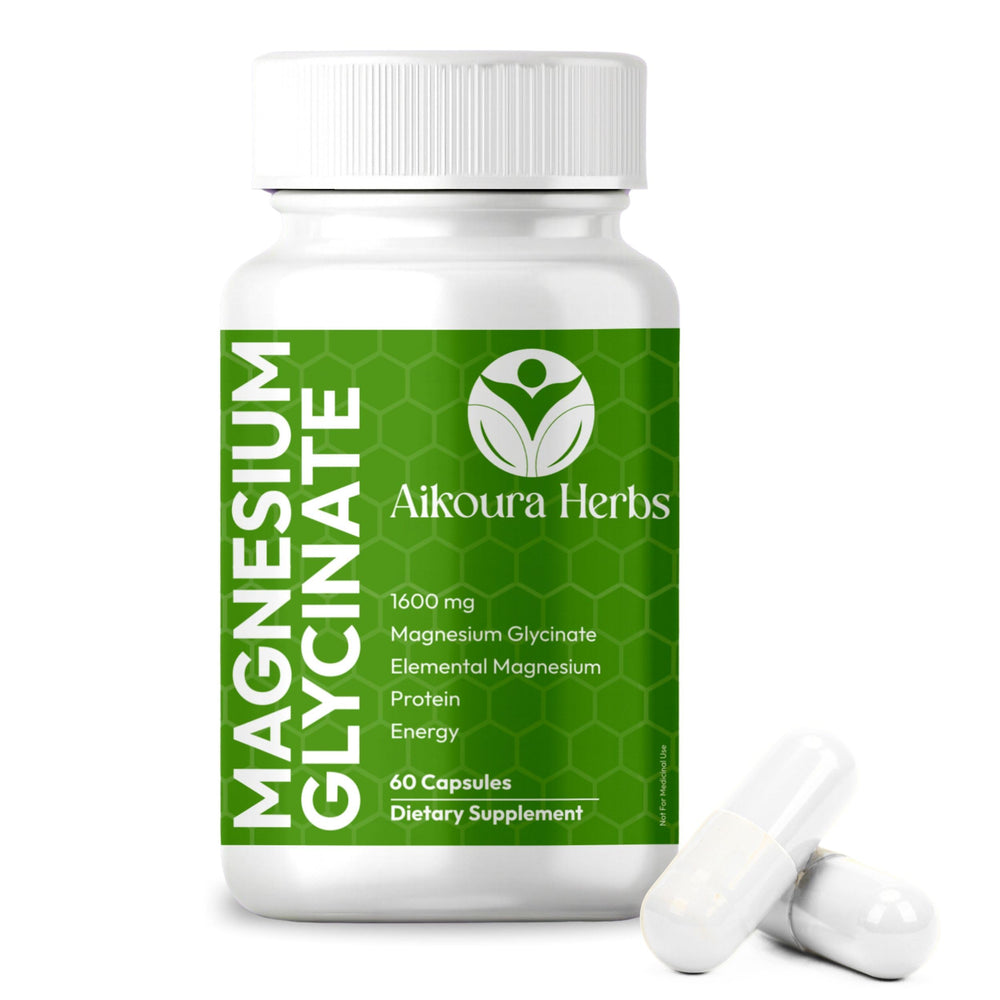 AIKOURA HERBS Magnesium Glycinate bottle shows high absorption and vegan formula.