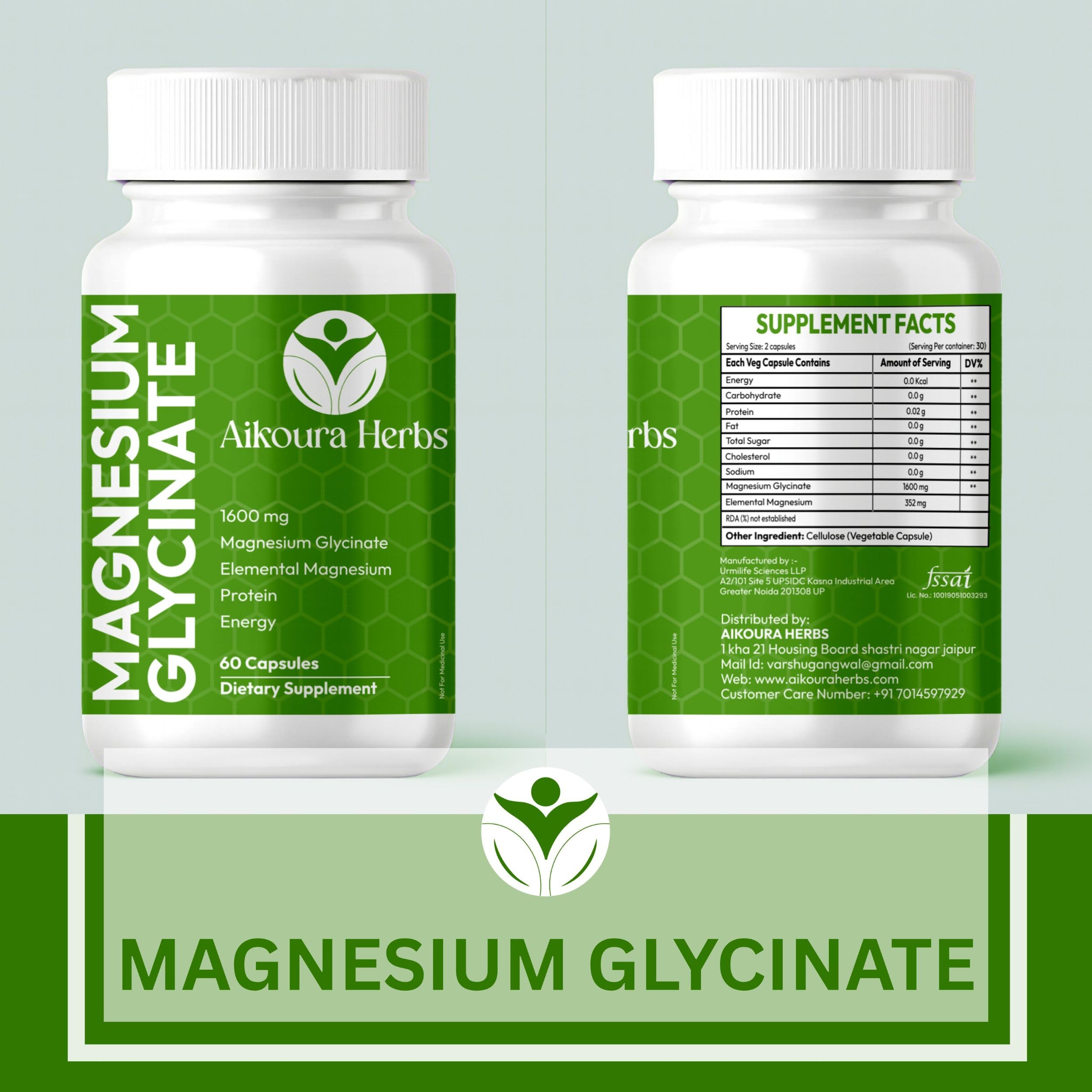 AIKOURA HERBS Magnesium Glycinate capsules close-up with easy-to-swallow tablets.