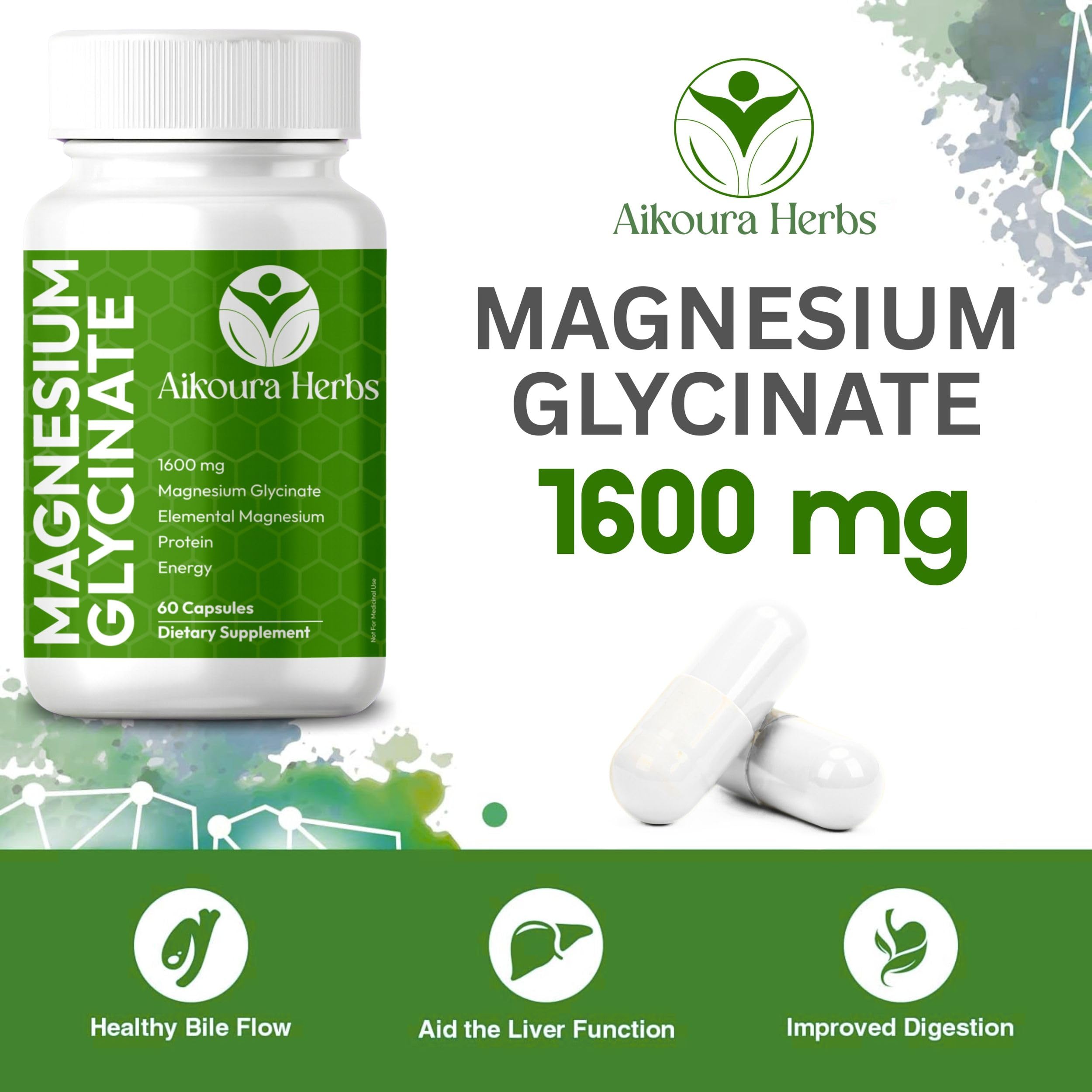 AIKOURA HERBS Magnesium Glycinate 1600mg serving supports daily well-being.