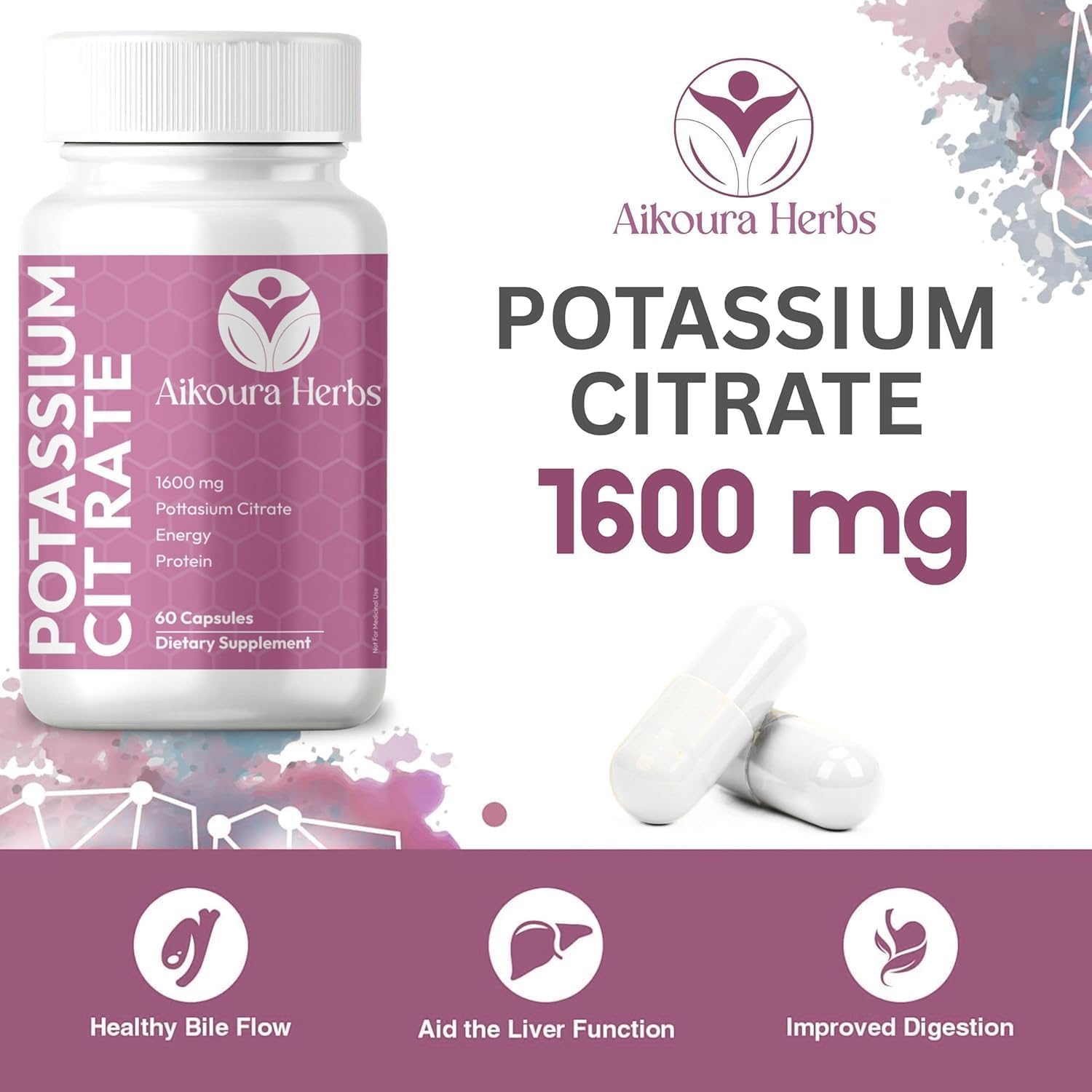 AIKOURA HERBS Potassium Citrate packaging front showing a clean, plant-based formula.