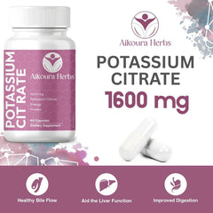 AIKOURA HERBS Potassium Citrate packaging front showing a clean, plant-based formula.