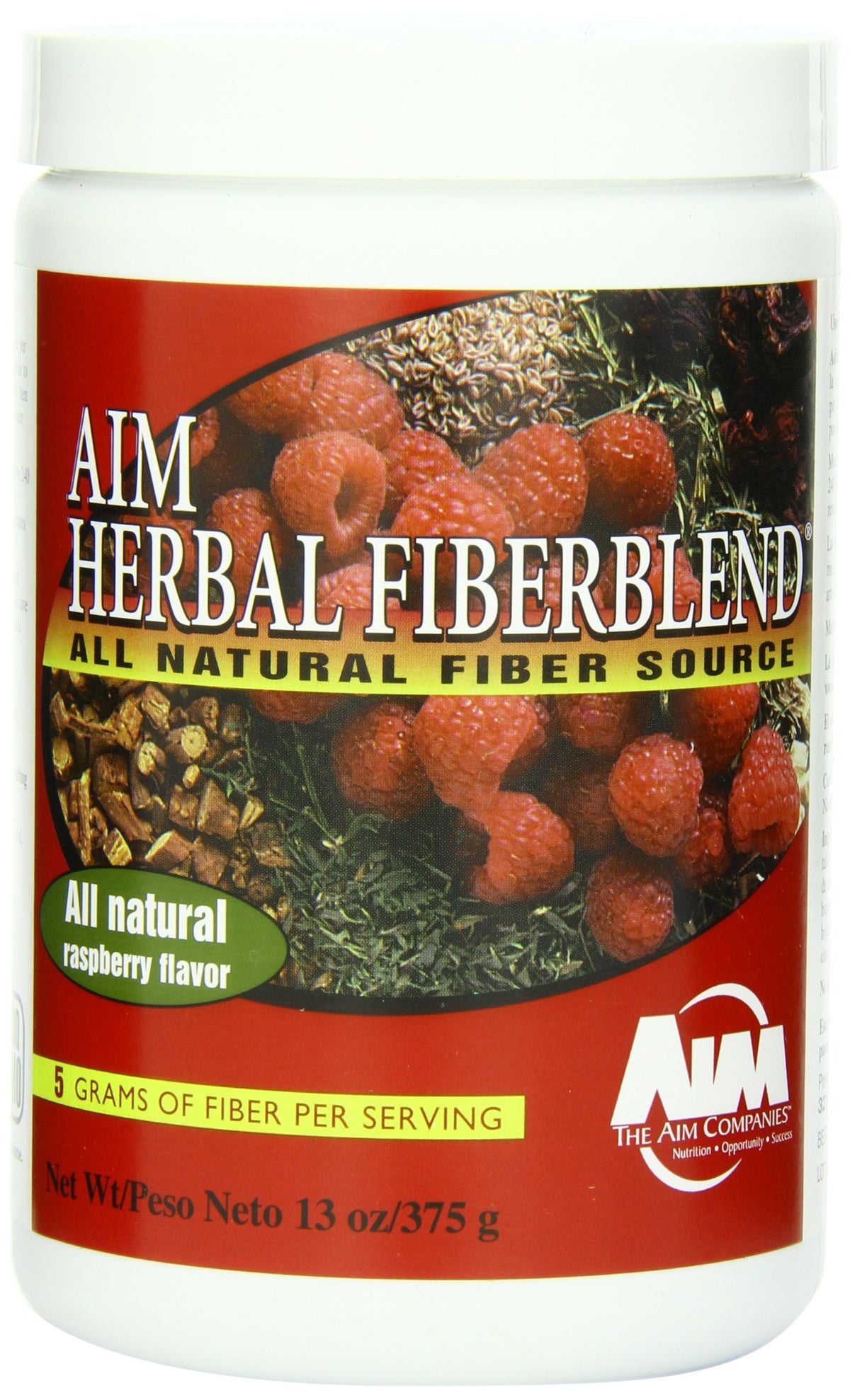 AIM Herbal Fiberblend Raspberry Powder canister on kitchen counter for daily fiber