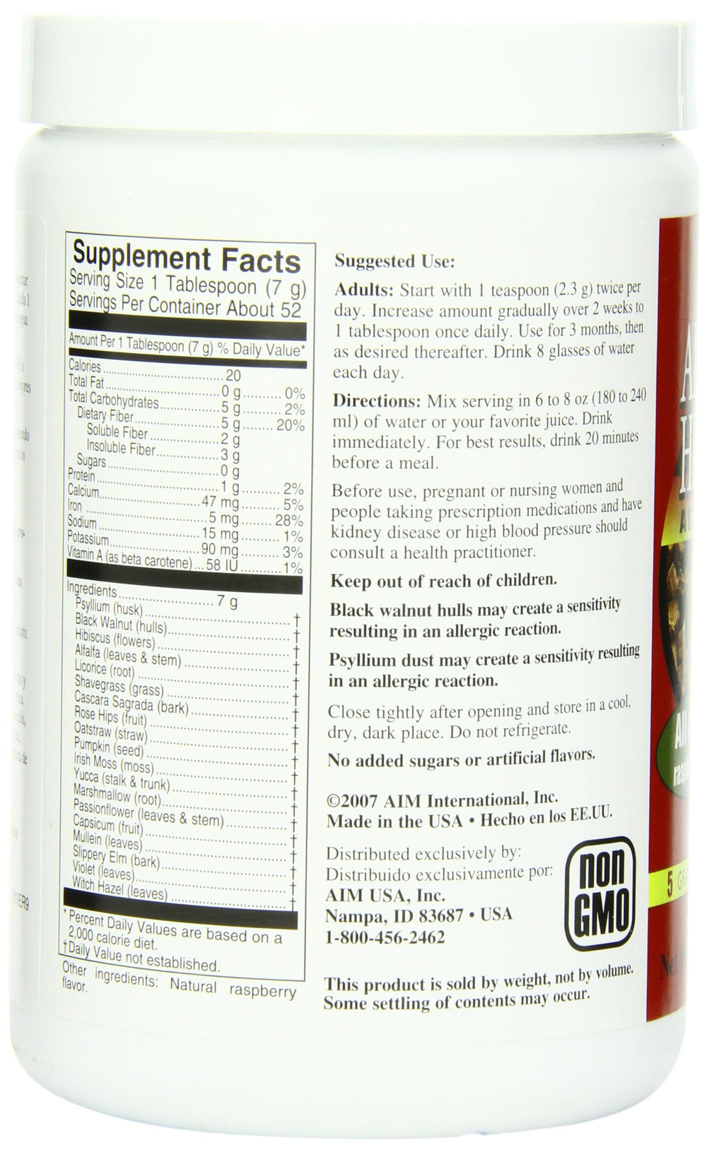 AIM Herbal Fiberblend Raspberry Powder label with flavor and usage notes