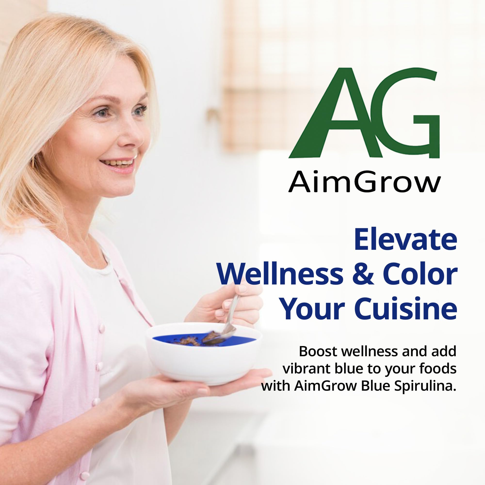 Aimgrow Blue Spirulina Powder close-up emphasizes natural pigment and phycocyanin.
