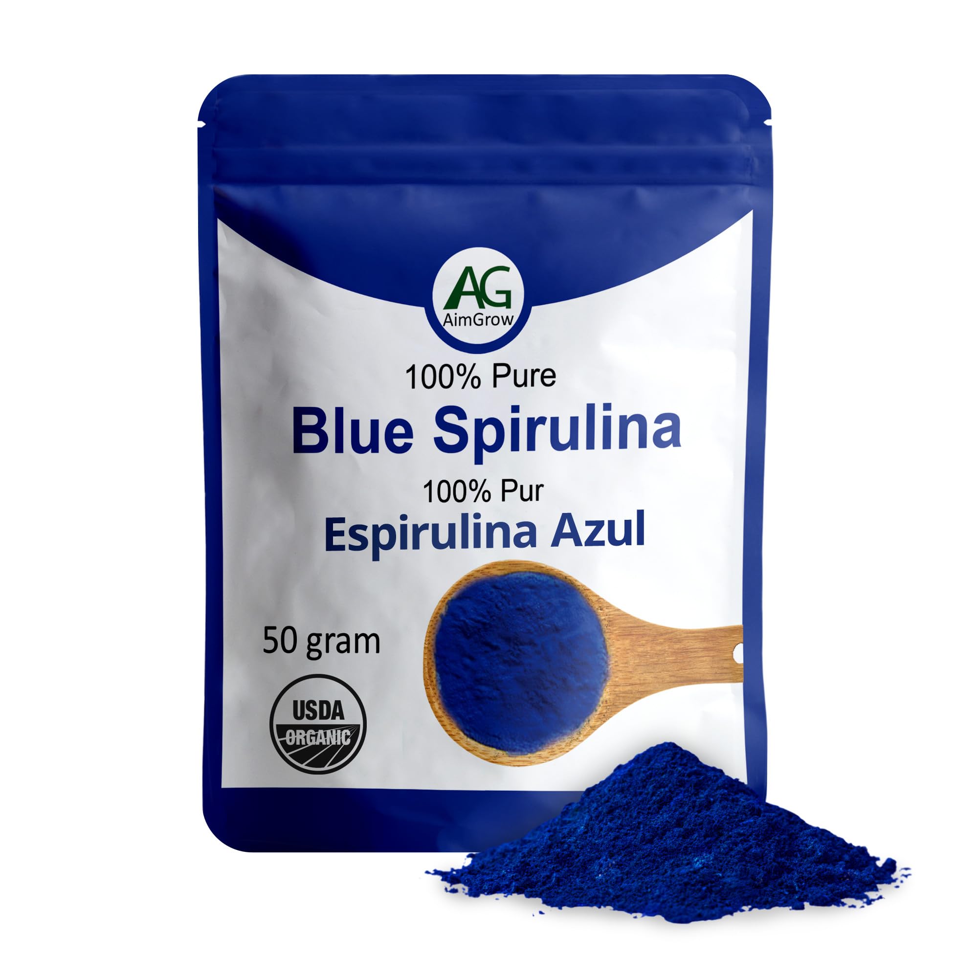 Aimgrow Blue Spirulina Powder tin shows vibrant natural color from spirulina.