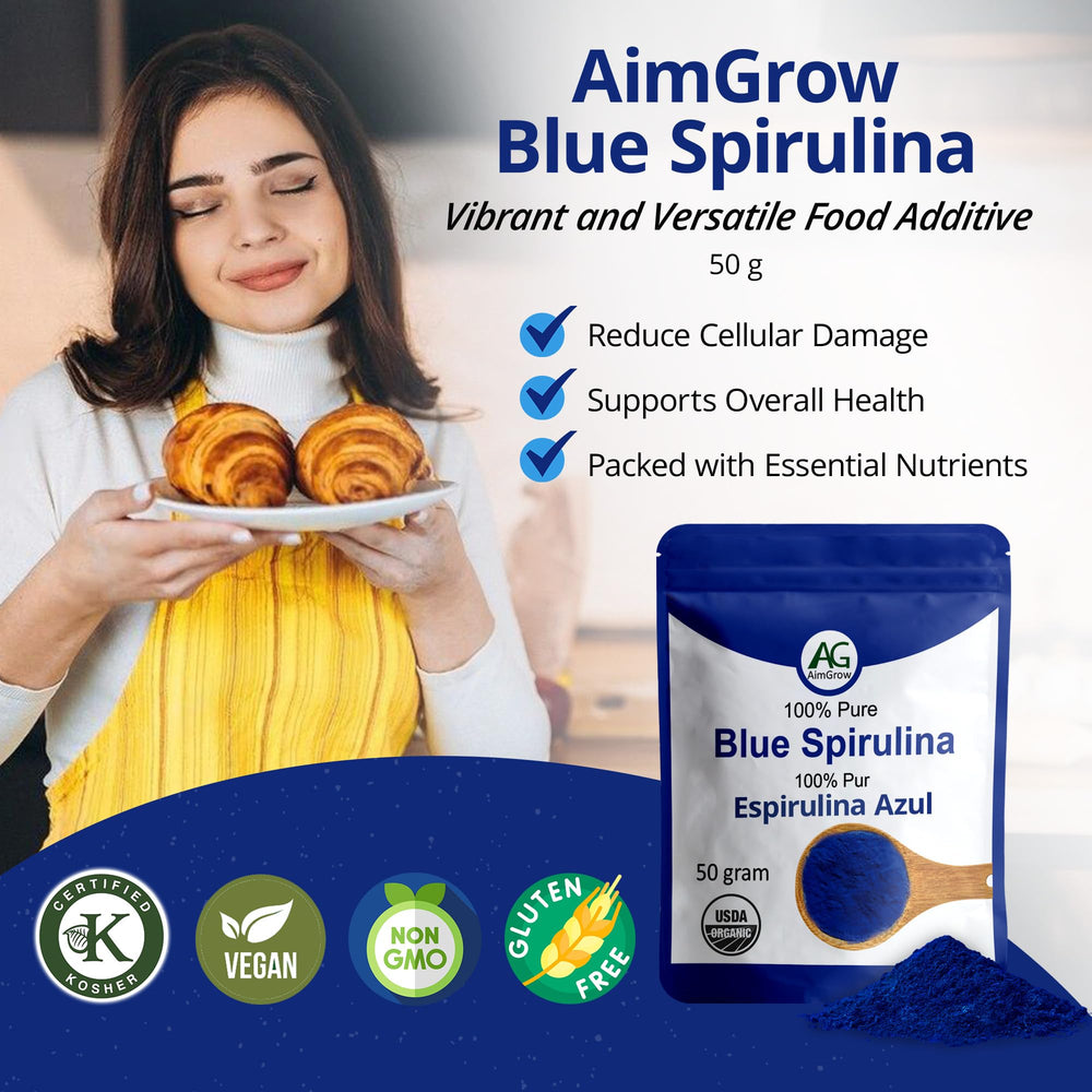 Aimgrow Blue Spirulina Powder smoothie glass with azure hue for color boost.