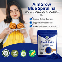 Aimgrow Blue Spirulina Powder smoothie glass with azure hue for color boost.