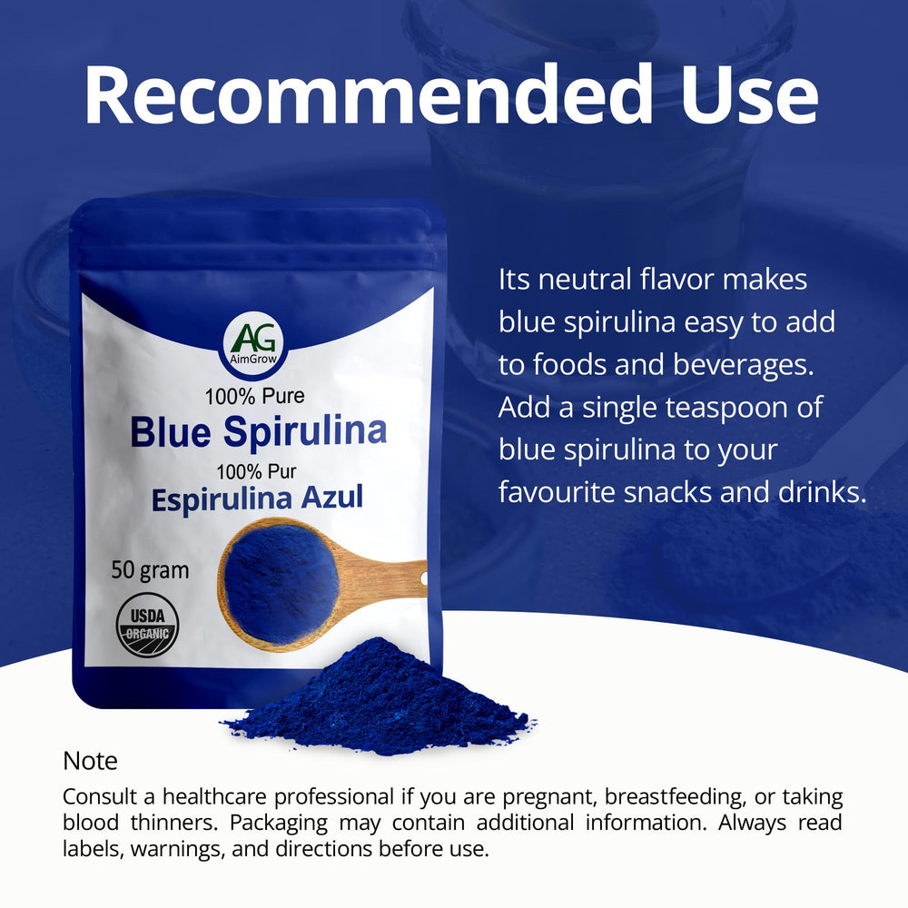 Aimgrow Blue Spirulina Spoon reveals powder texture and color detail.