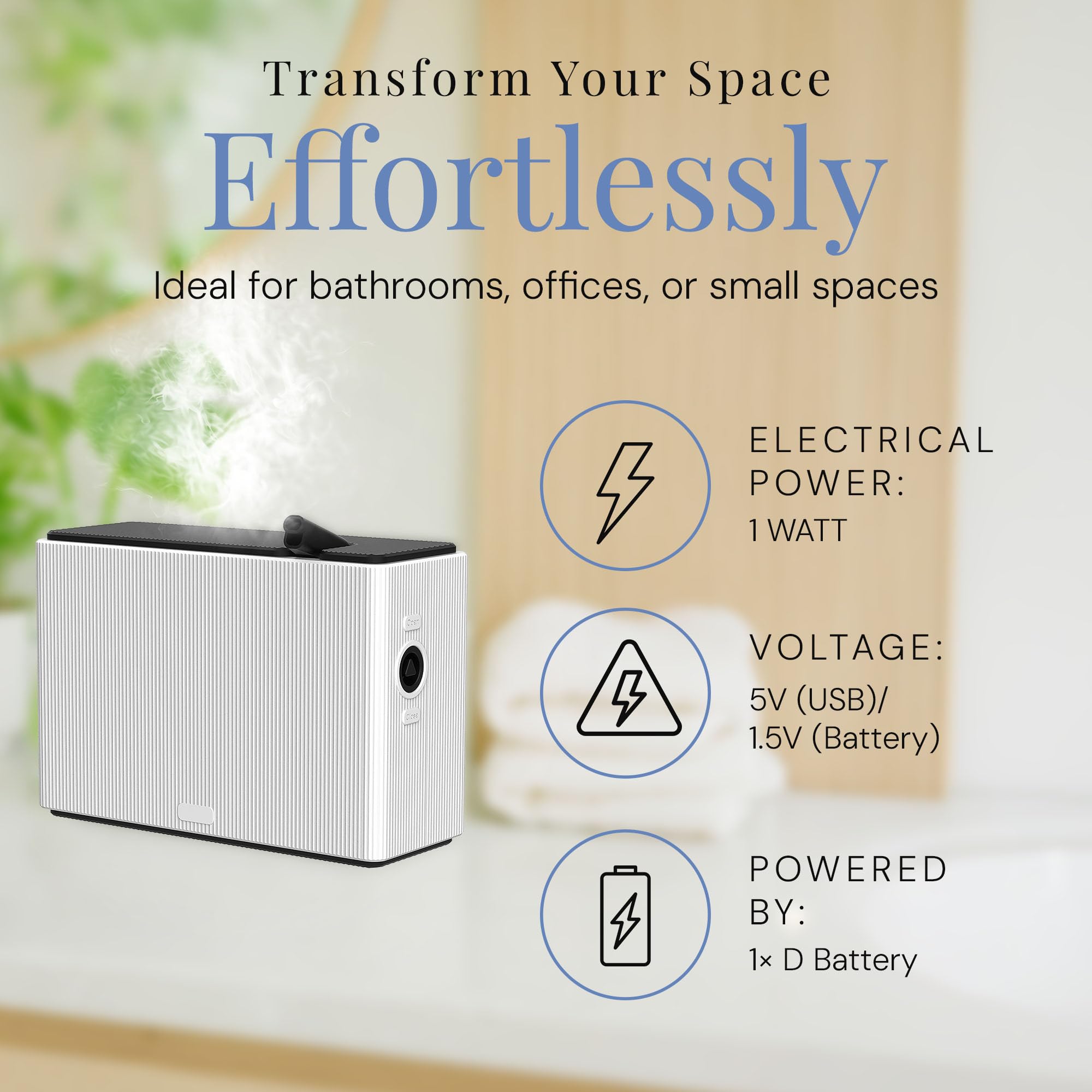 Battery-powered diffuser operates cordlessly for portable fragrance in small spaces