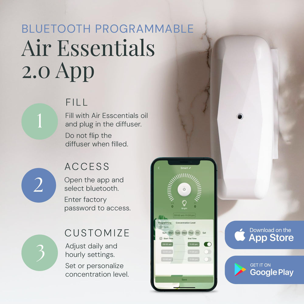 Air Esscentials Diamond diffuser app screen; Bluetooth control for schedules and intensity.