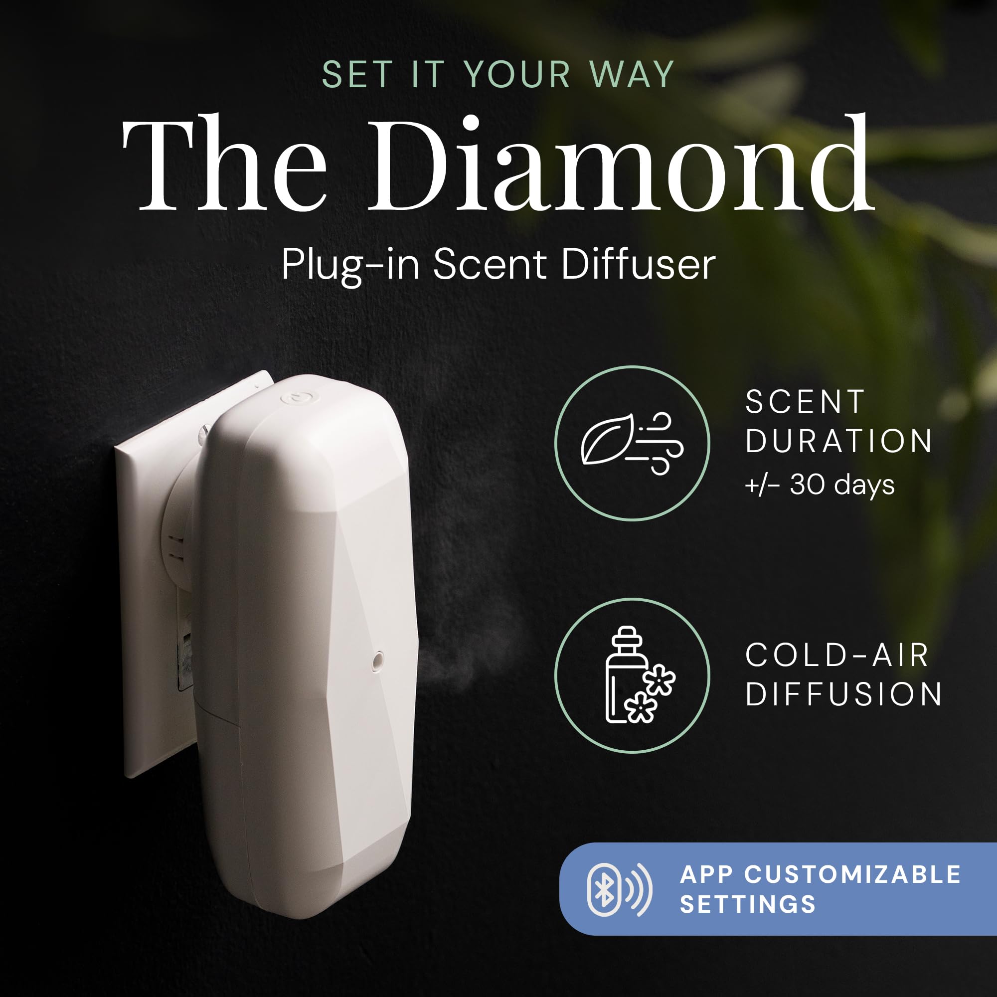 Air Esscentials Diamond diffuser wall-mount; space-saving placement blends with decor.