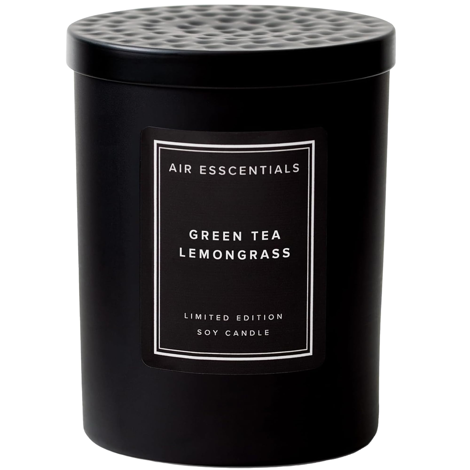 Air Esscentials Green Tea Lemongrass candle close-up label showcasing premium fragrance for calm spaces