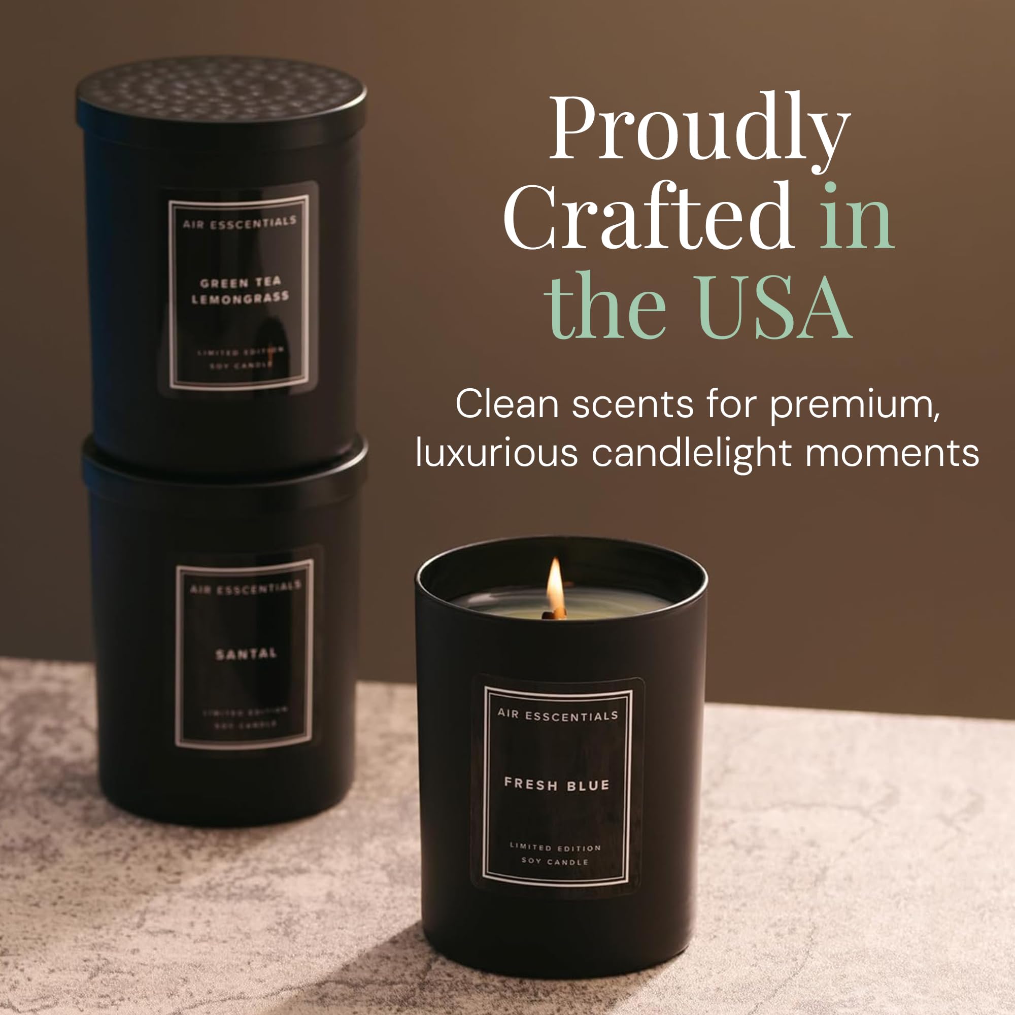 Air Esscentials Green Tea Lemongrass candle packaging box emphasizes premium scent and gift-worthiness