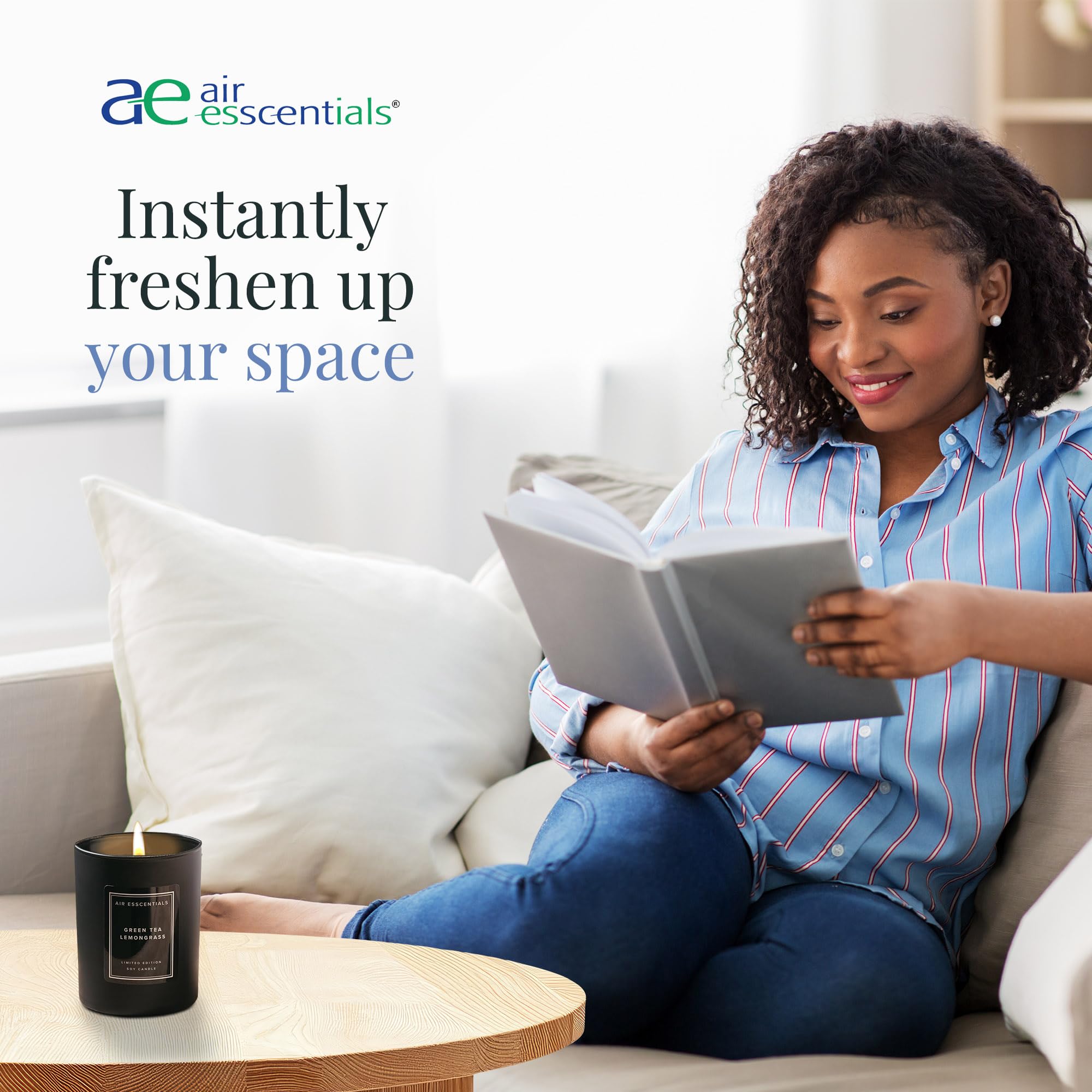 Air Esscentials Green Tea Lemongrass candle sleek vessel complements modern décor and relaxation