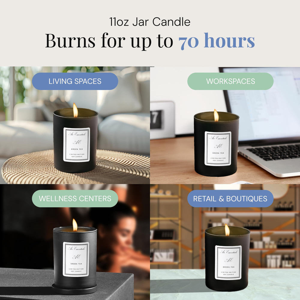 Air Esscentials Green Tea candle creates tranquil atmosphere for focused work