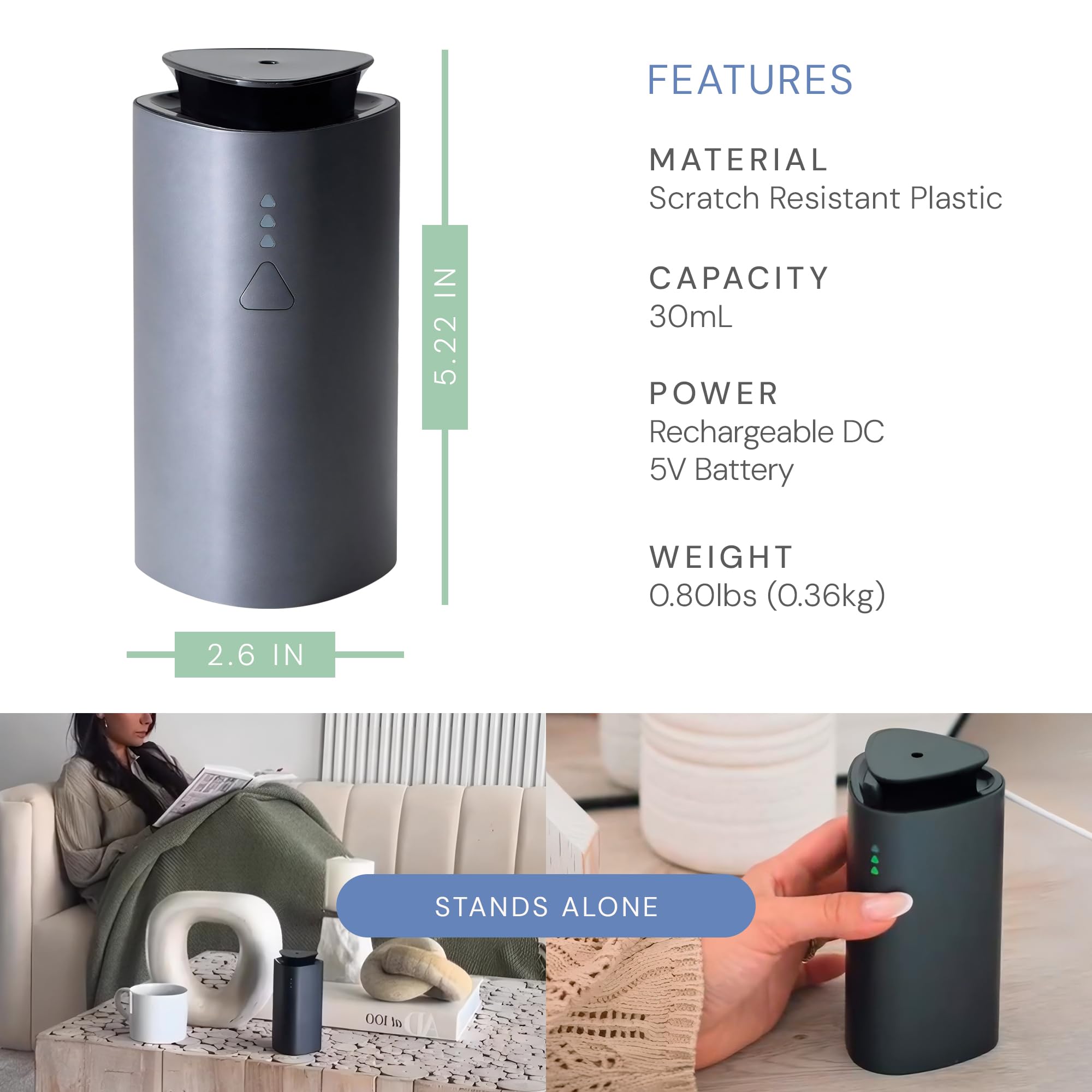 Air Esscentials The Mini Diffuser highlights 300 sq ft coverage