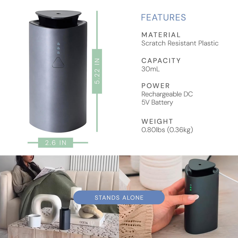 Air Esscentials The Mini Diffuser highlights 300 sq ft coverage