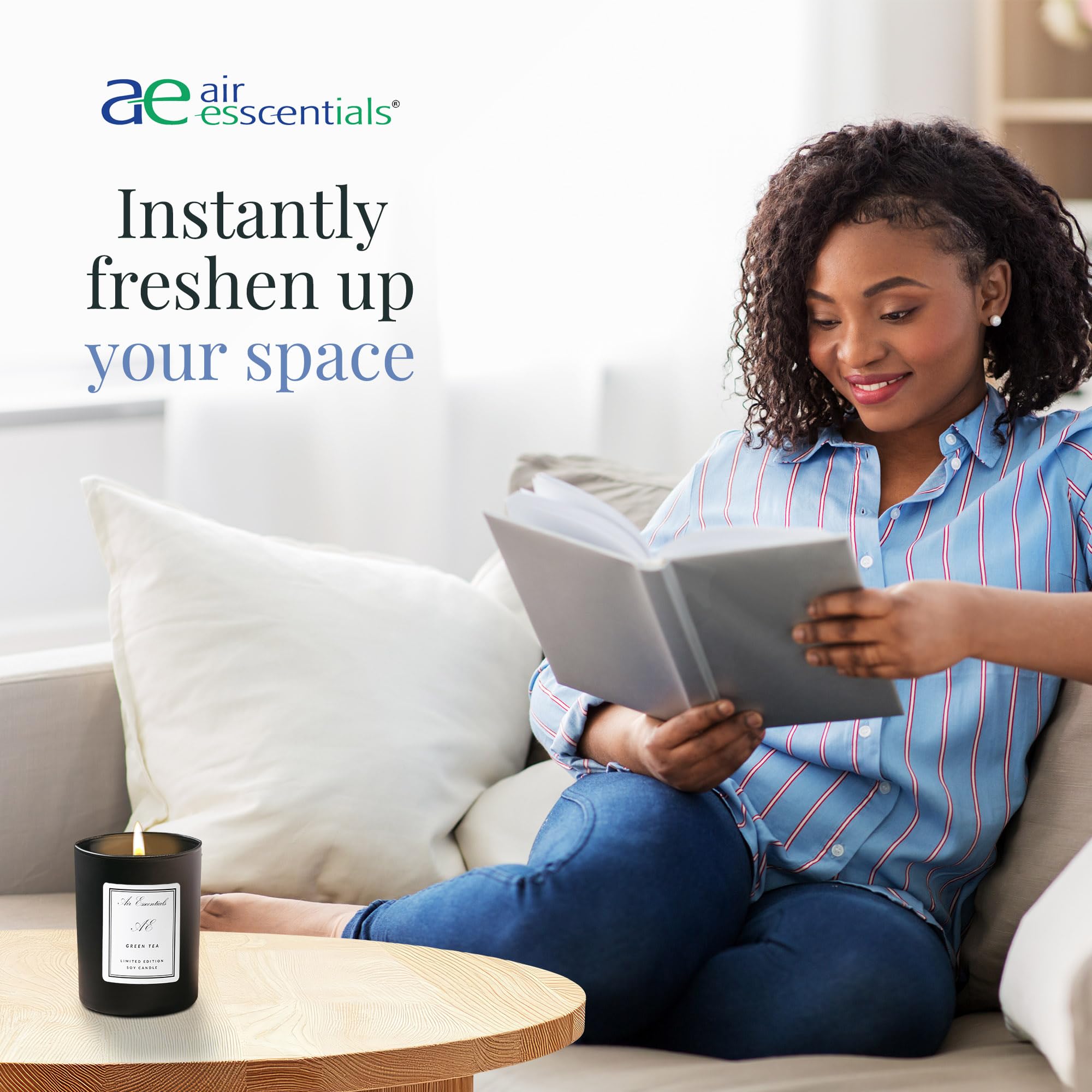 Air Esscentials Green Tea & Lemongrass candle on office desk for productivity