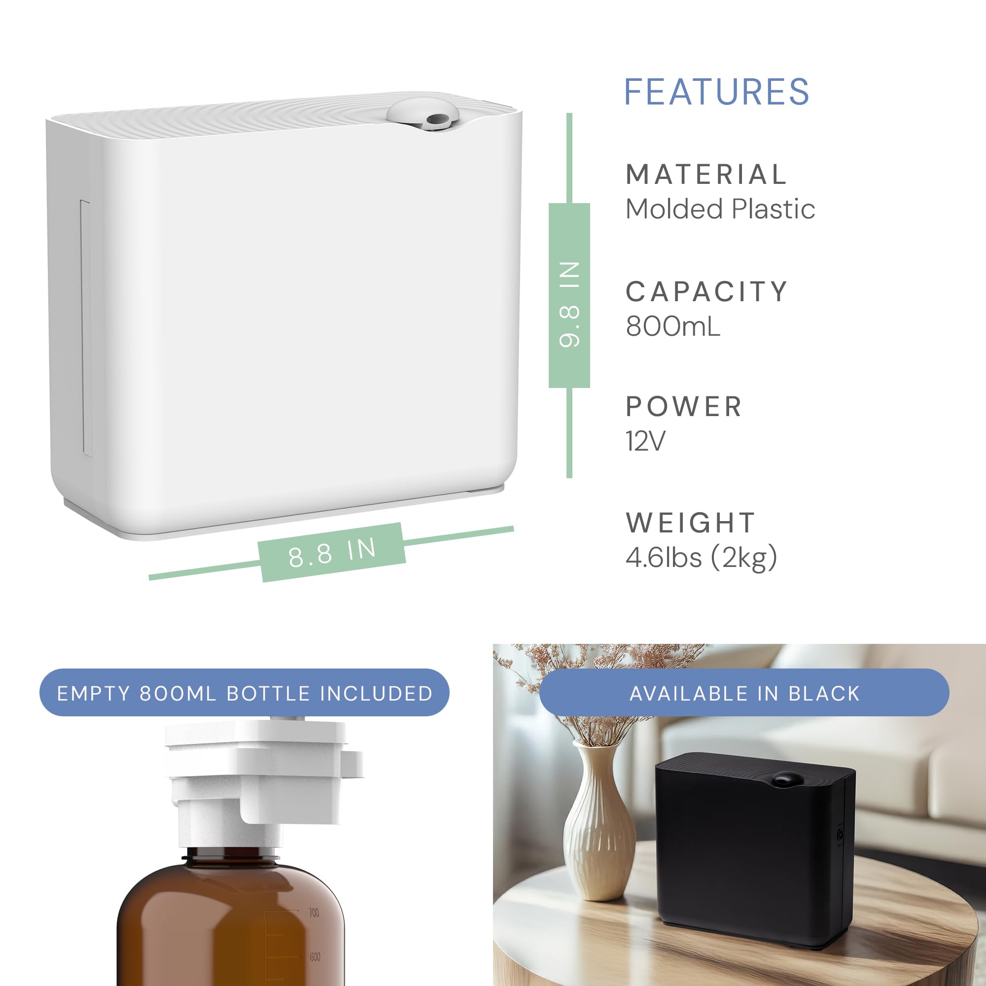 Air Esscentials Radiant 800ml bottle reduces refills for mess-free operation.