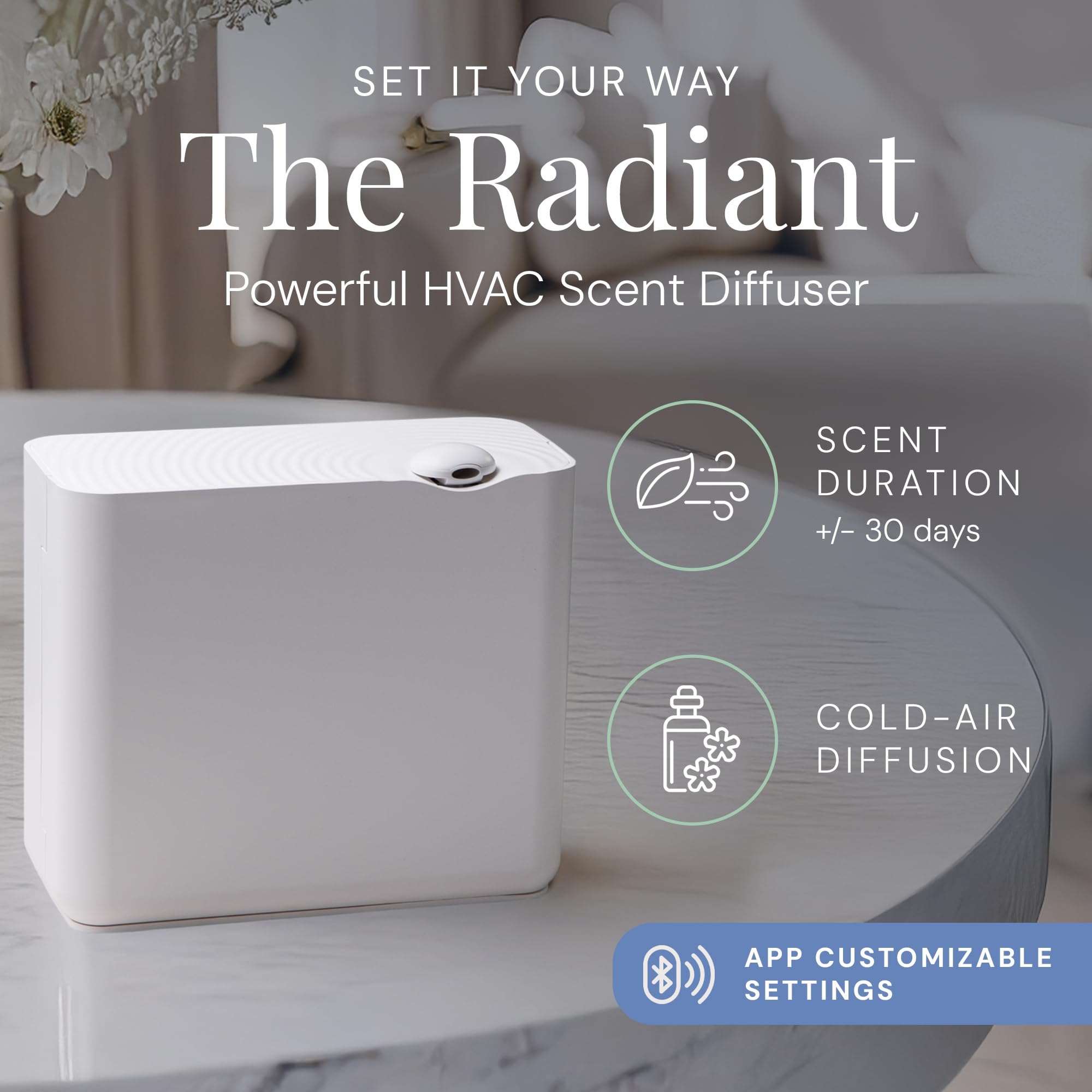 Air Esscentials Radiant app control interface for convenient fragrance scheduling.