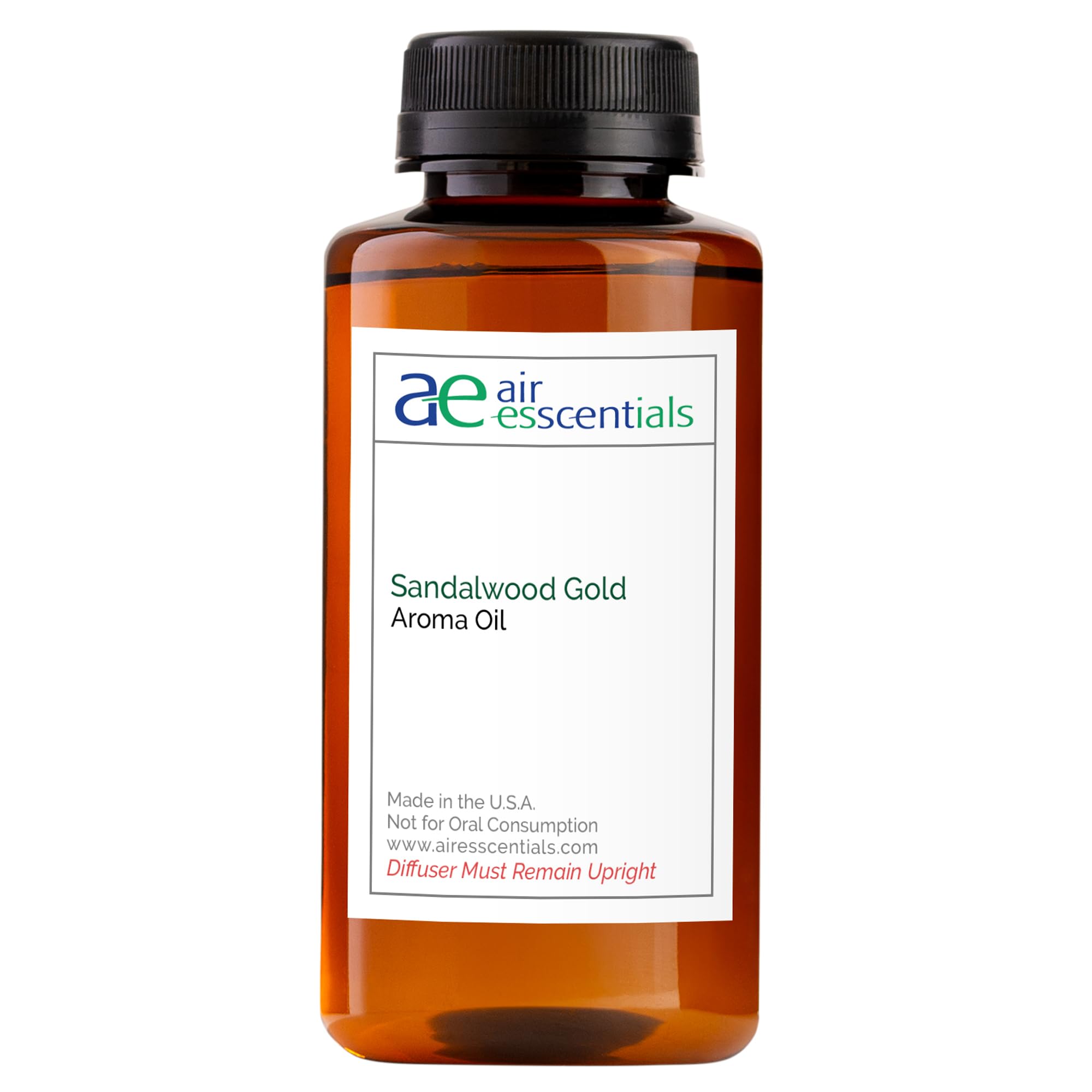 Air Esscentials Sandalwood Gold bottle closeup for long-lasting diffuser aroma