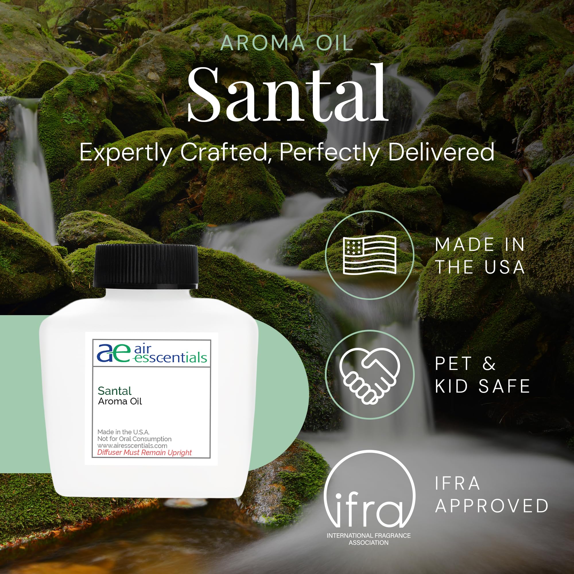 Air Esscentials Santal Aroma Oil diffuser mist for a warm, inviting room ambiance.