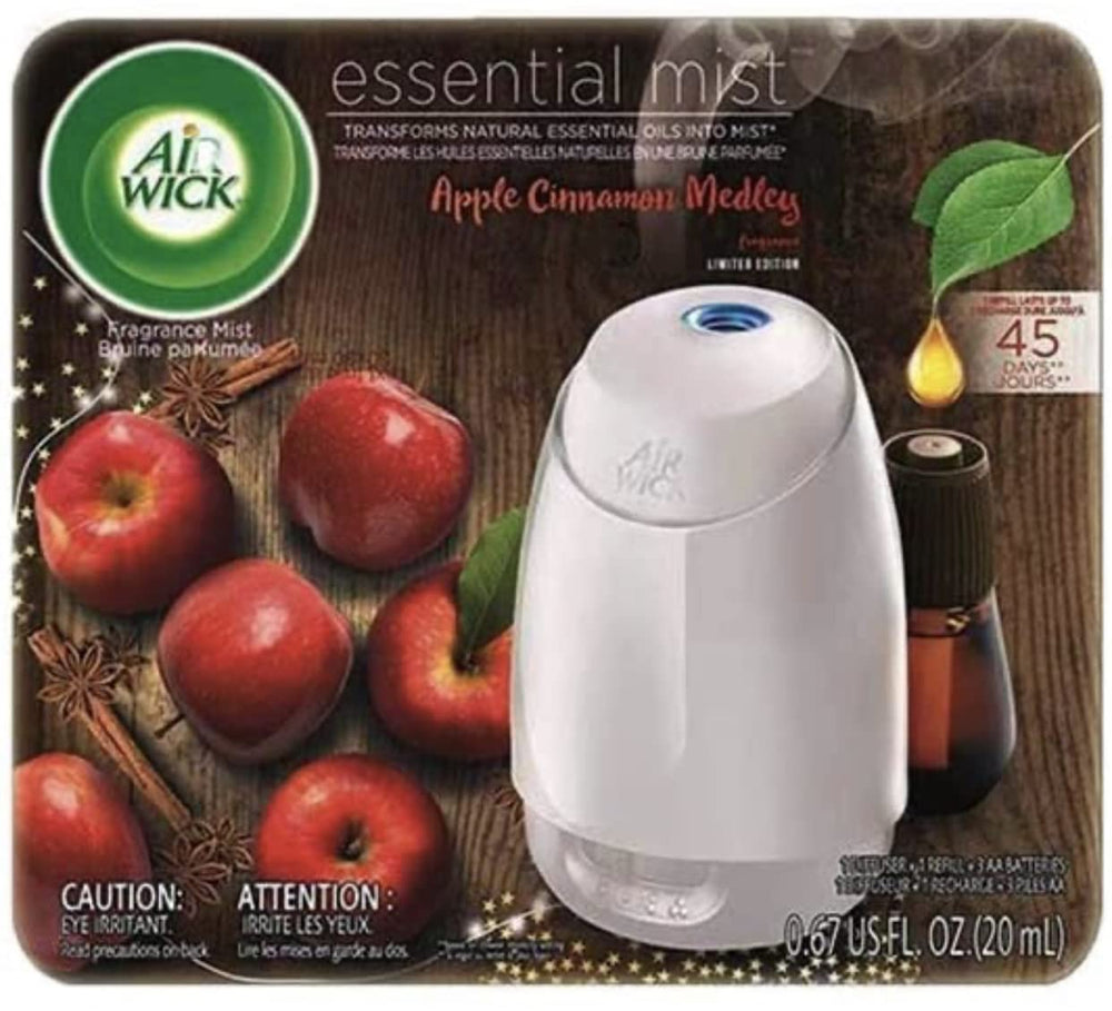 Air Wick Essential Mist diffuser Apple Cinnamon Medley bottle for cozy fall ambiance