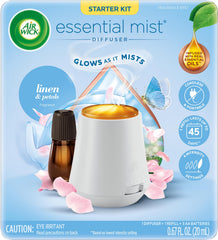 Air Wick Essential Mist Linen & Petals diffuser delivering a soft, inviting linen scent.