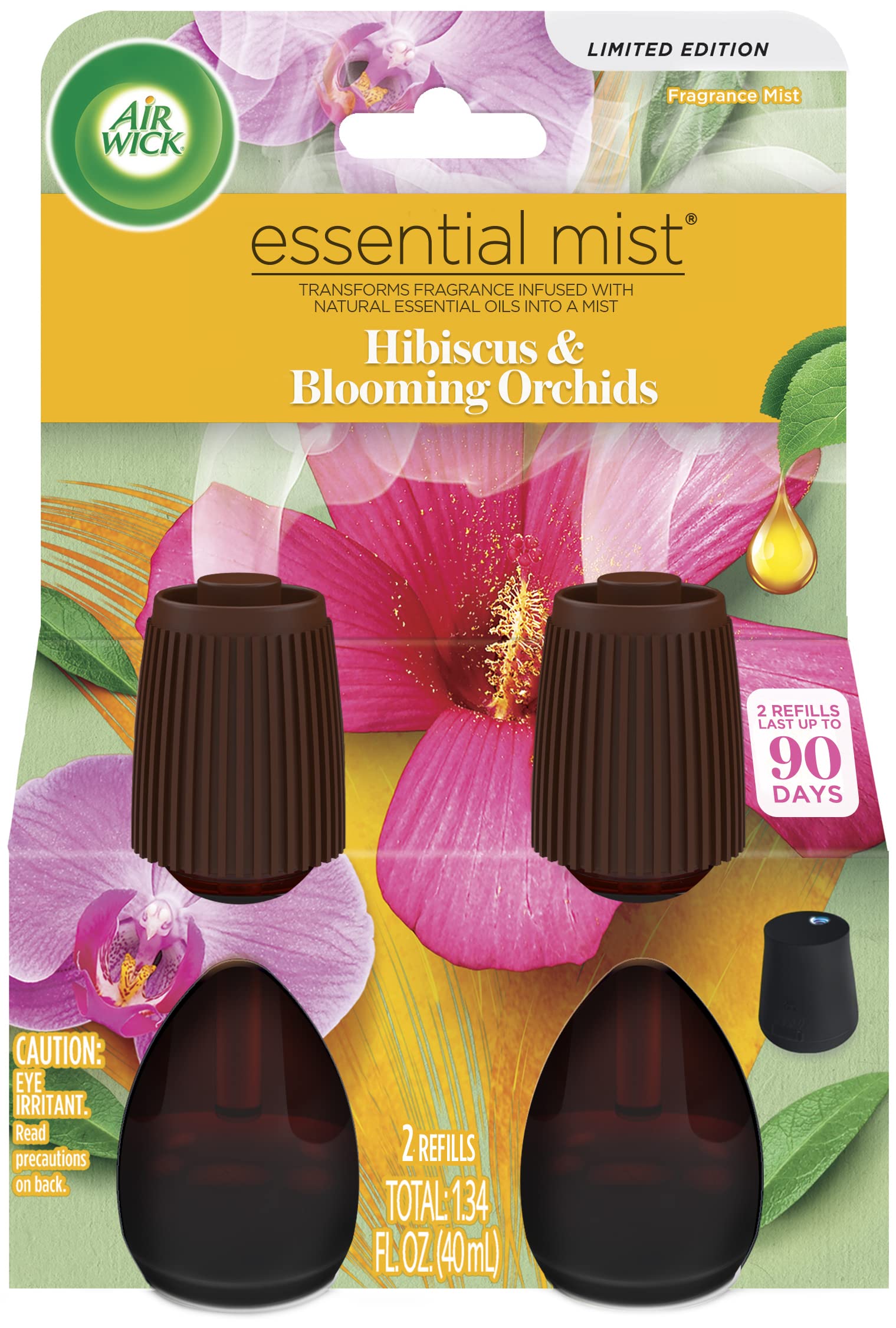 Air Wick Essential Mist Hibiscus Blooming Orchids bottle pour; refreshing living spaces