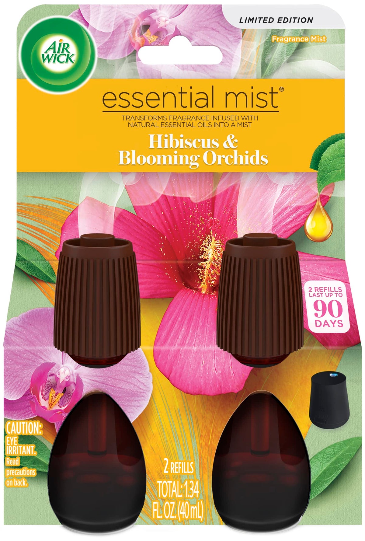Air Wick Essential Mist Hibiscus Blooming Orchids bottle pour; refreshing living spaces