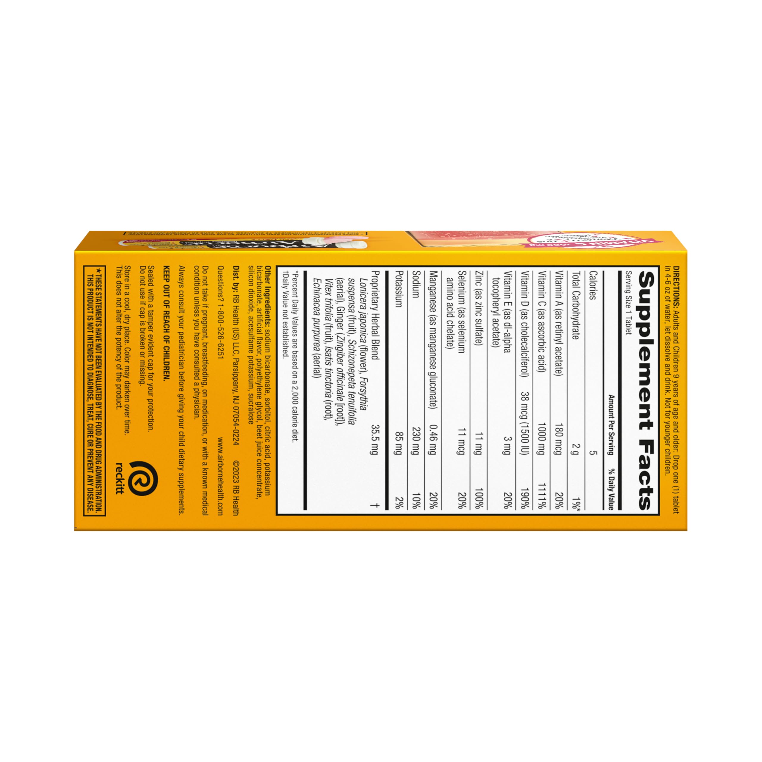 Airborne echinacea and ginger herbs icons highlighting natural immune-support ingredients.