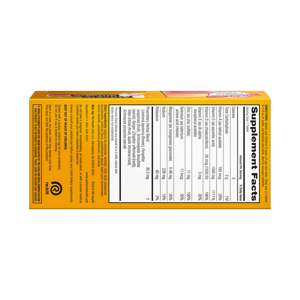 Airborne echinacea and ginger herbs icons highlighting natural immune-support ingredients.