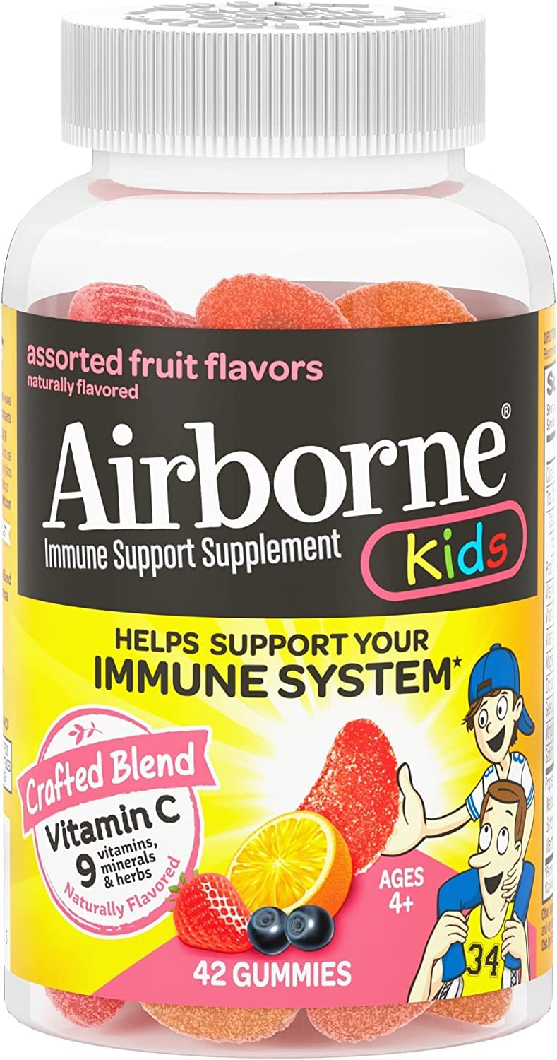 Airborne immune support gummies for kids shown in front packaging, a tasty vitamin C boost.