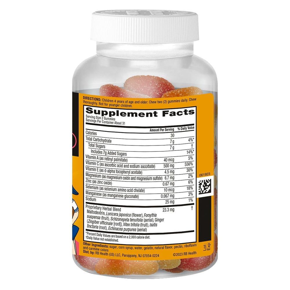 Airborne Kids bottle open with gummies spilling for lifestyle photo.