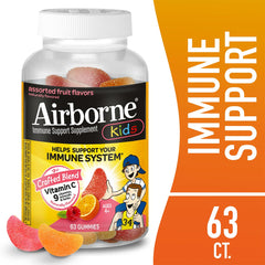 Airborne Kids zinc immune gummies label highlighting antioxidants and minerals.