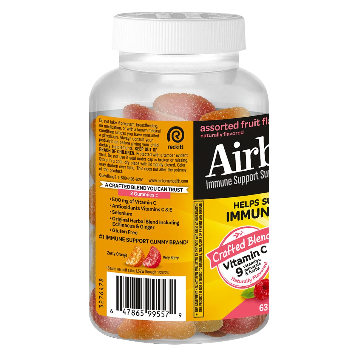 Airborne Kids ingredients panel shows vitamin C, vitamin E, selenium, and herbs.