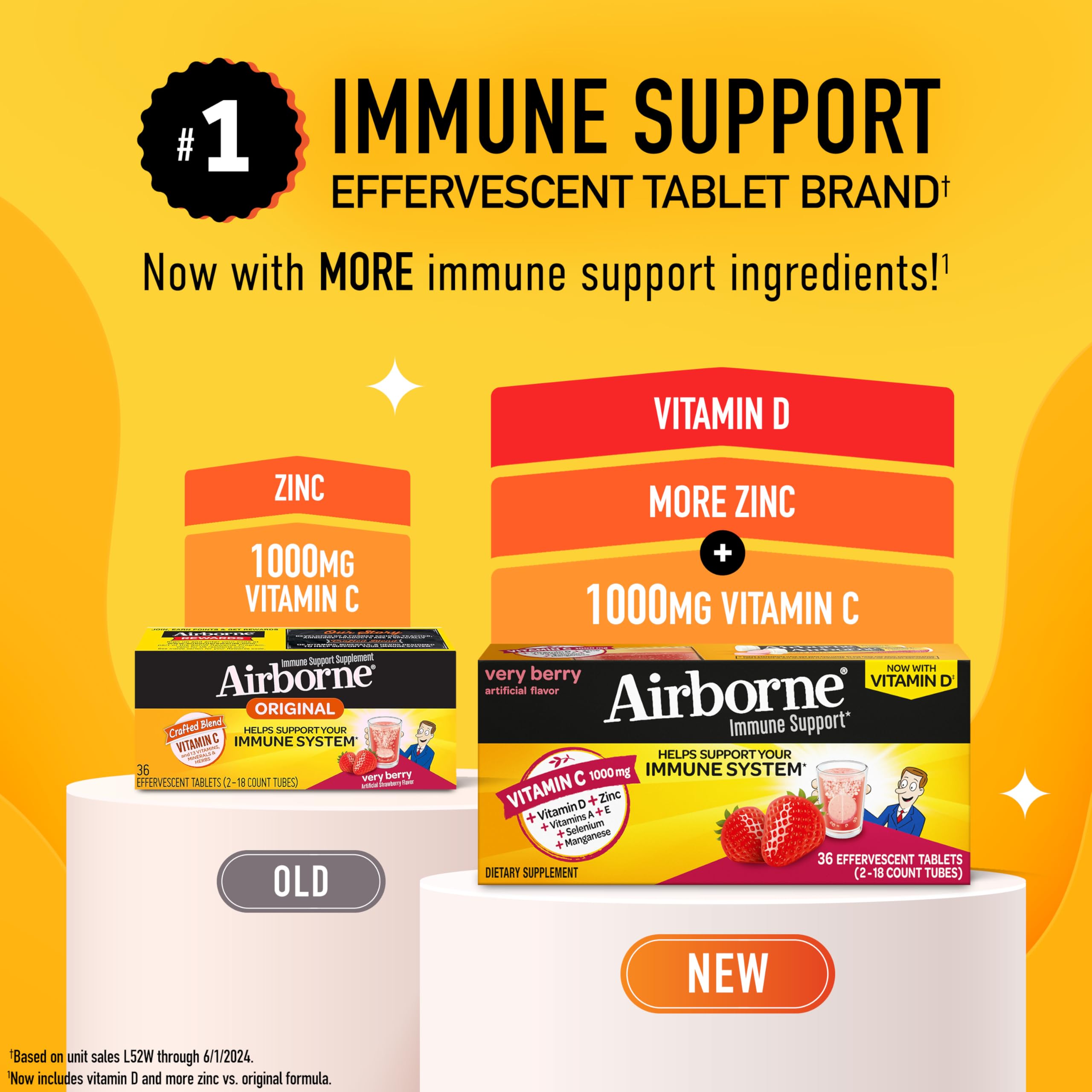 Airborne Very Berry effervescent tablets melting in a glass with bright fruit flavor.