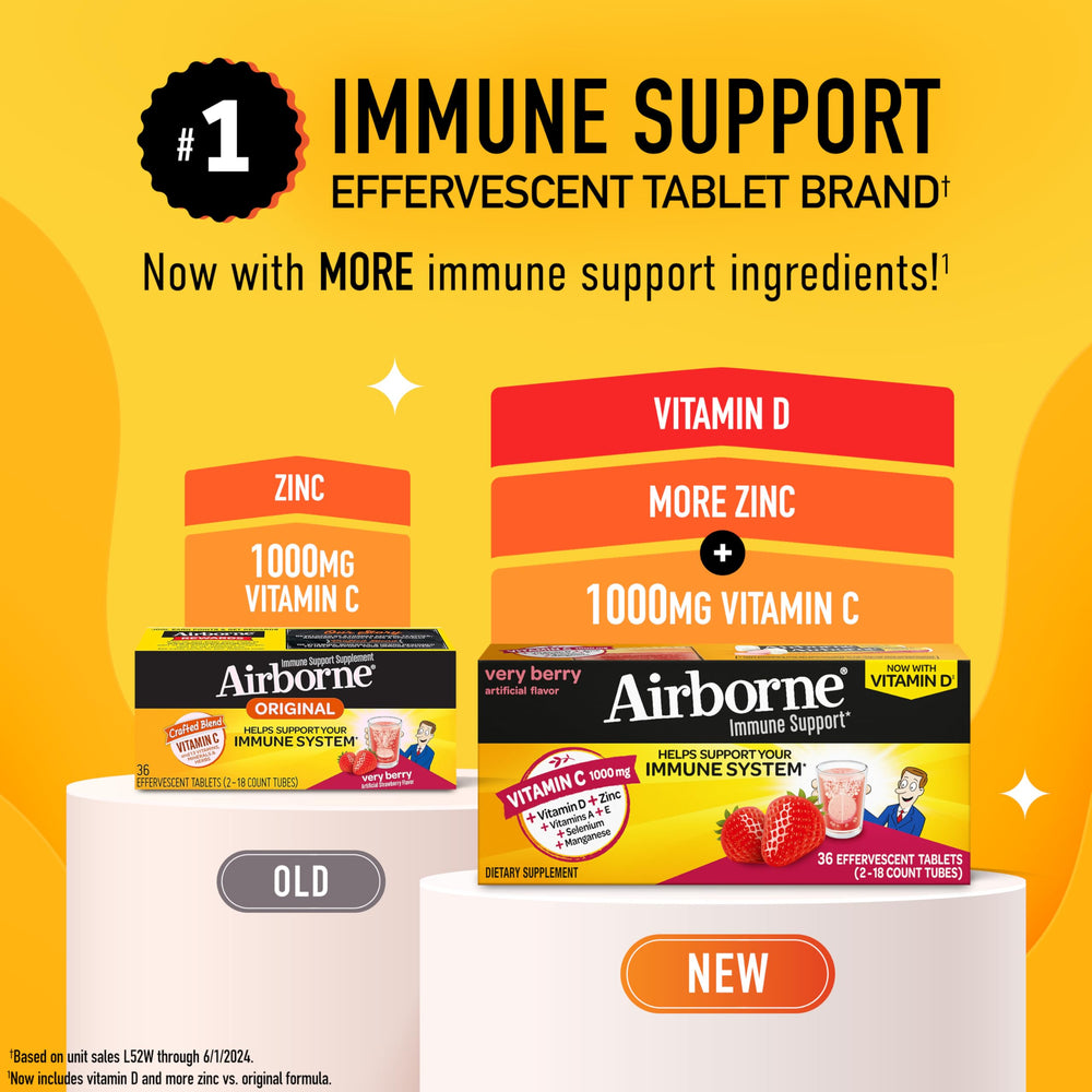 Airborne Very Berry effervescent tablets melting in a glass with bright fruit flavor.